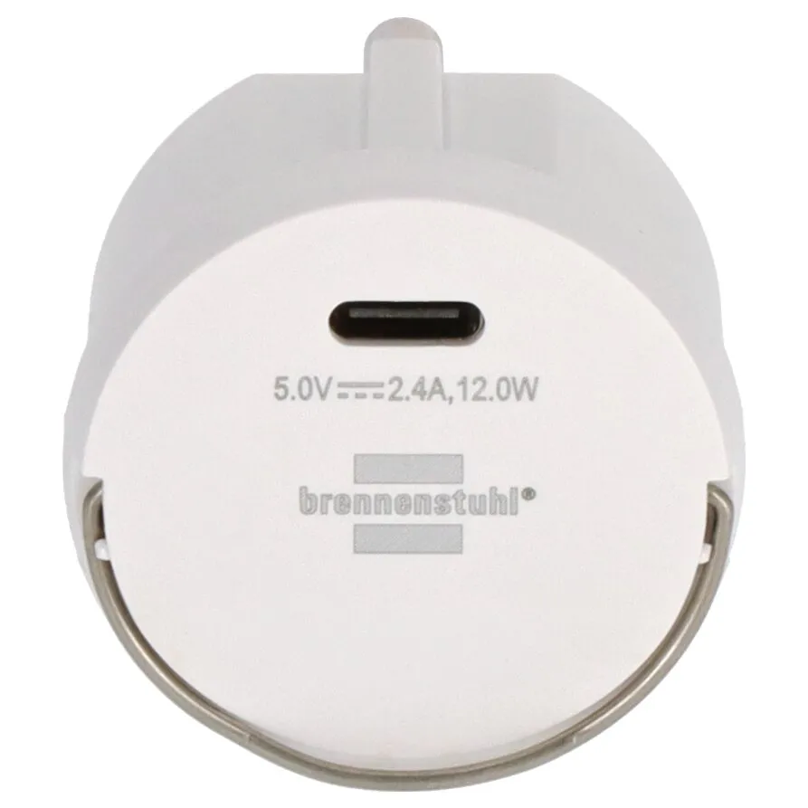 Weißer runder USB-C Steckdosenadapter mit USB-C-Port in der Mitte, Brennenstuhl-Logo und Aufdruck 5.0V 2.4A 12.0W