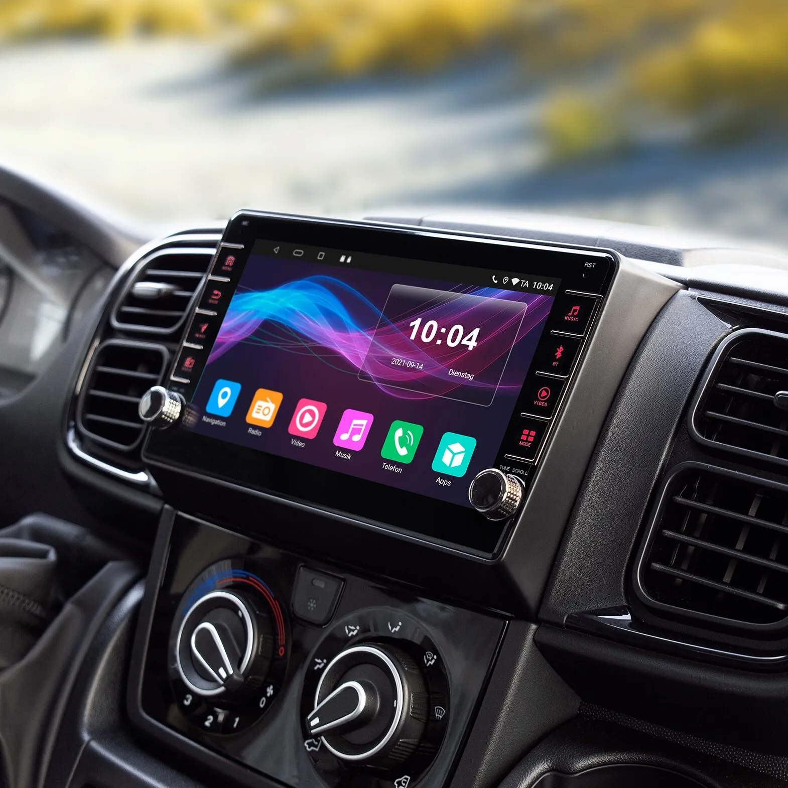 ESX Vision VNC830 Navigationssystem im Fahrzeug-Armaturenbrett mit Touchscreen und farbigen Symbolen für Navigation, Radio, Musik und Telefon