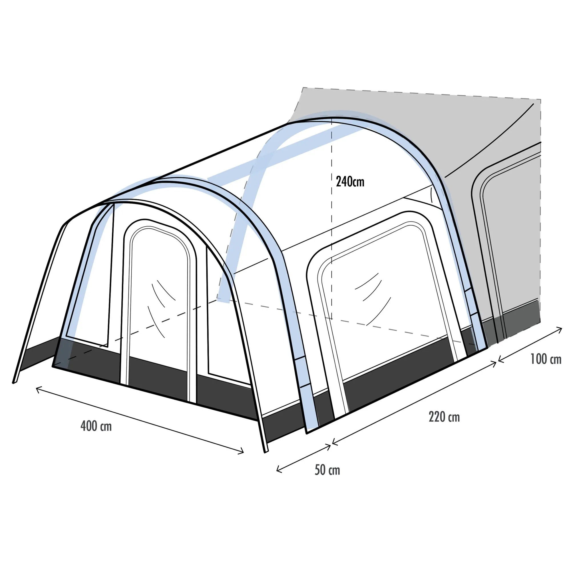Reisemobilvorzelt Neptune 2.0 mit gewölbten Fensterfronten und Maßen von 400 × 220 × 240 cm plus 50 und 100 cm Ansatz