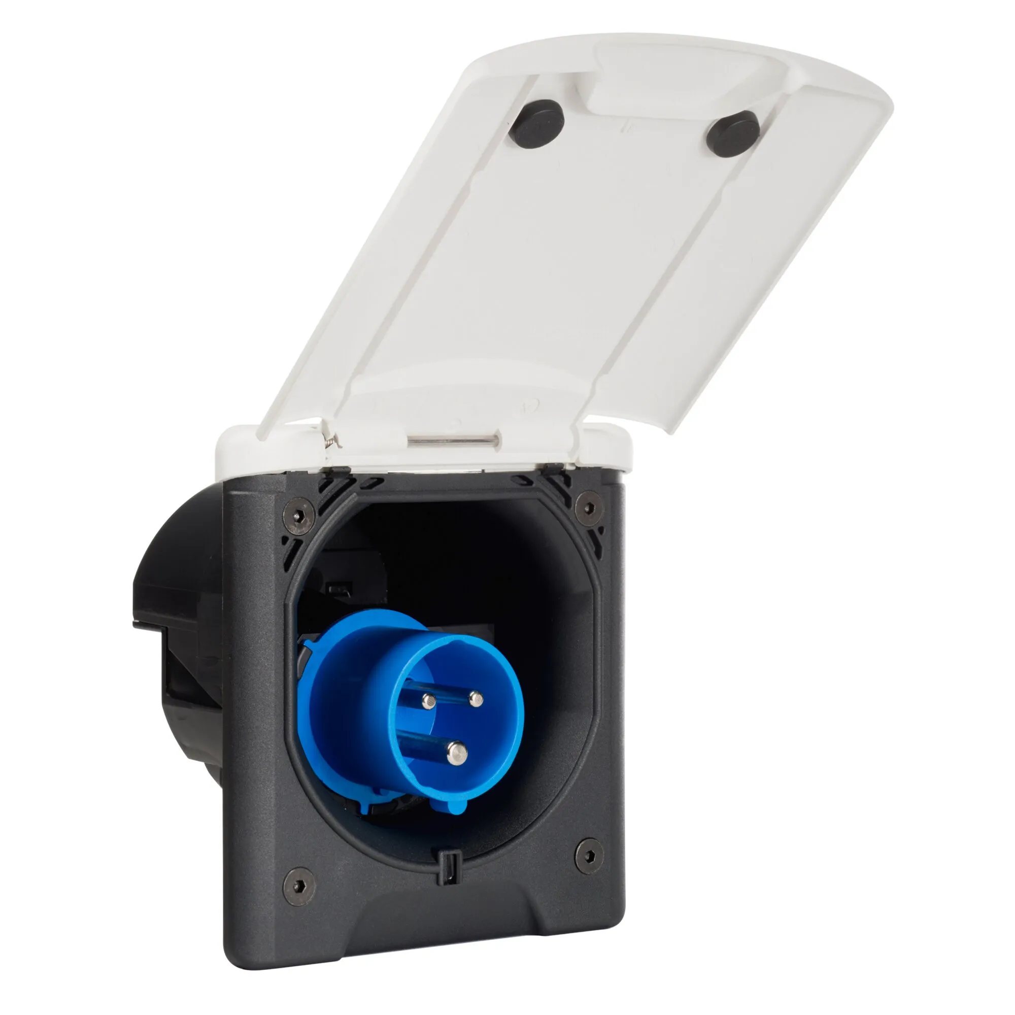 Weiße CEE-Caravan-Einspeisung mit geöffnetem Klappdeckel und blauem CEE-Stecker in schwarzem Gehäuse