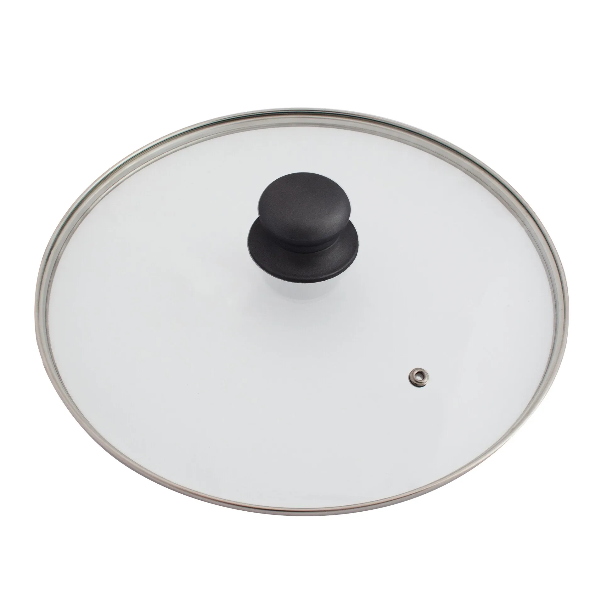 Transparenter runder Glasdeckel mit Edelstahlrand, schwarzem Knauf und Dampfaustrittsöffnung, 28 cm Durchmesser