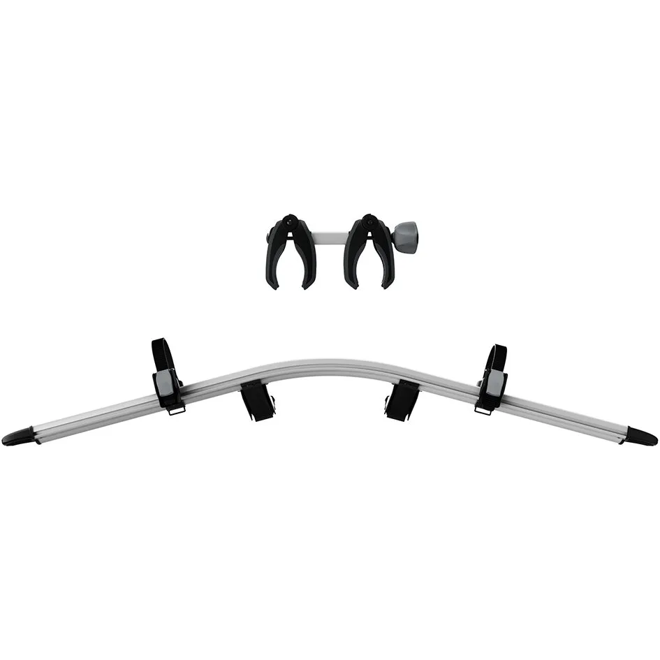 Erweiterungs-Set für Thule VeloCompact 926 mit silberner Trägerschiene, schwarzen Haltegurten und zwei Fahrradrahmenhaltern
