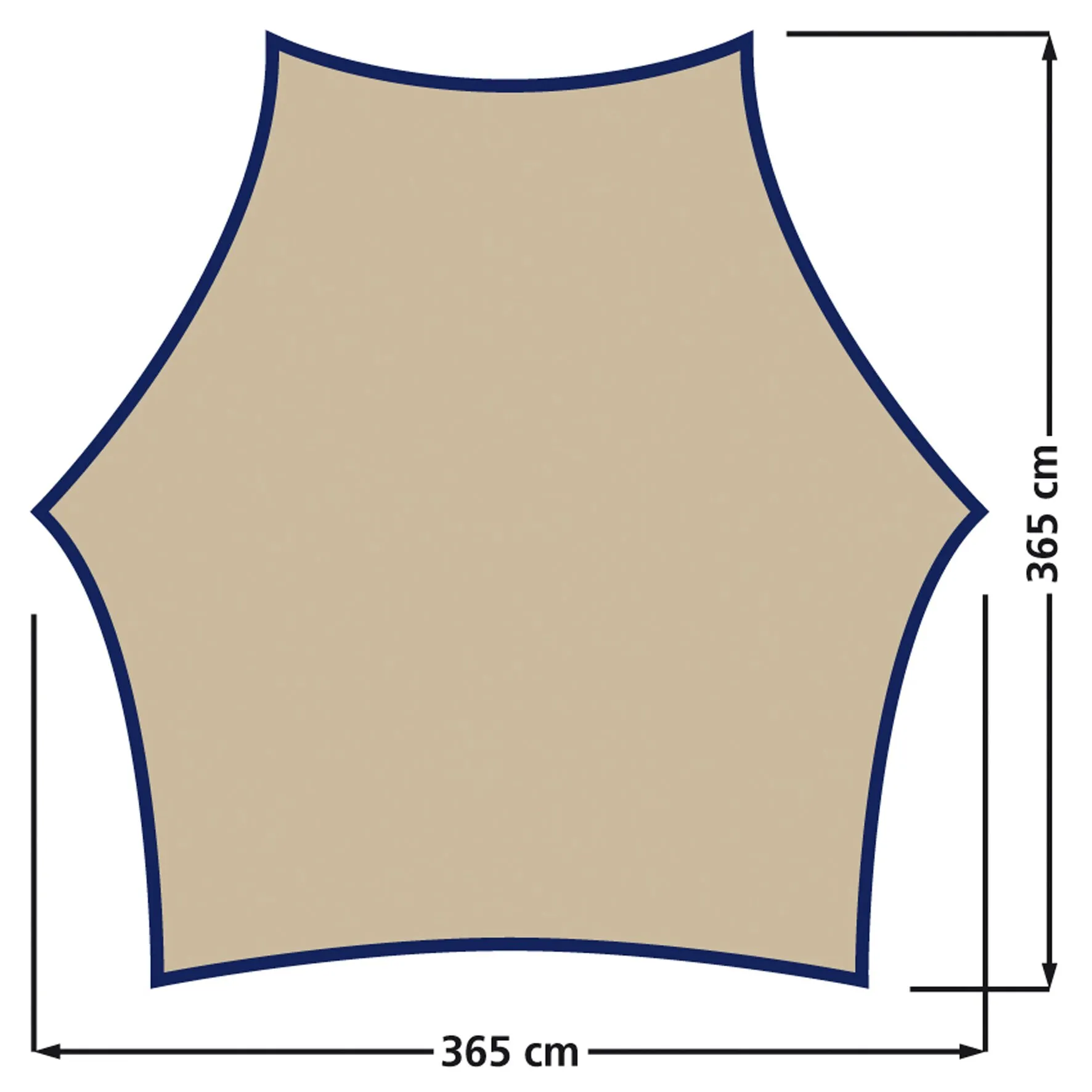 Beige-farbenes Sonnensegel Tarp Carside mit dunkelblauer Umrandung, fünfeckiger Form und Maßen von 365 × 365 cm