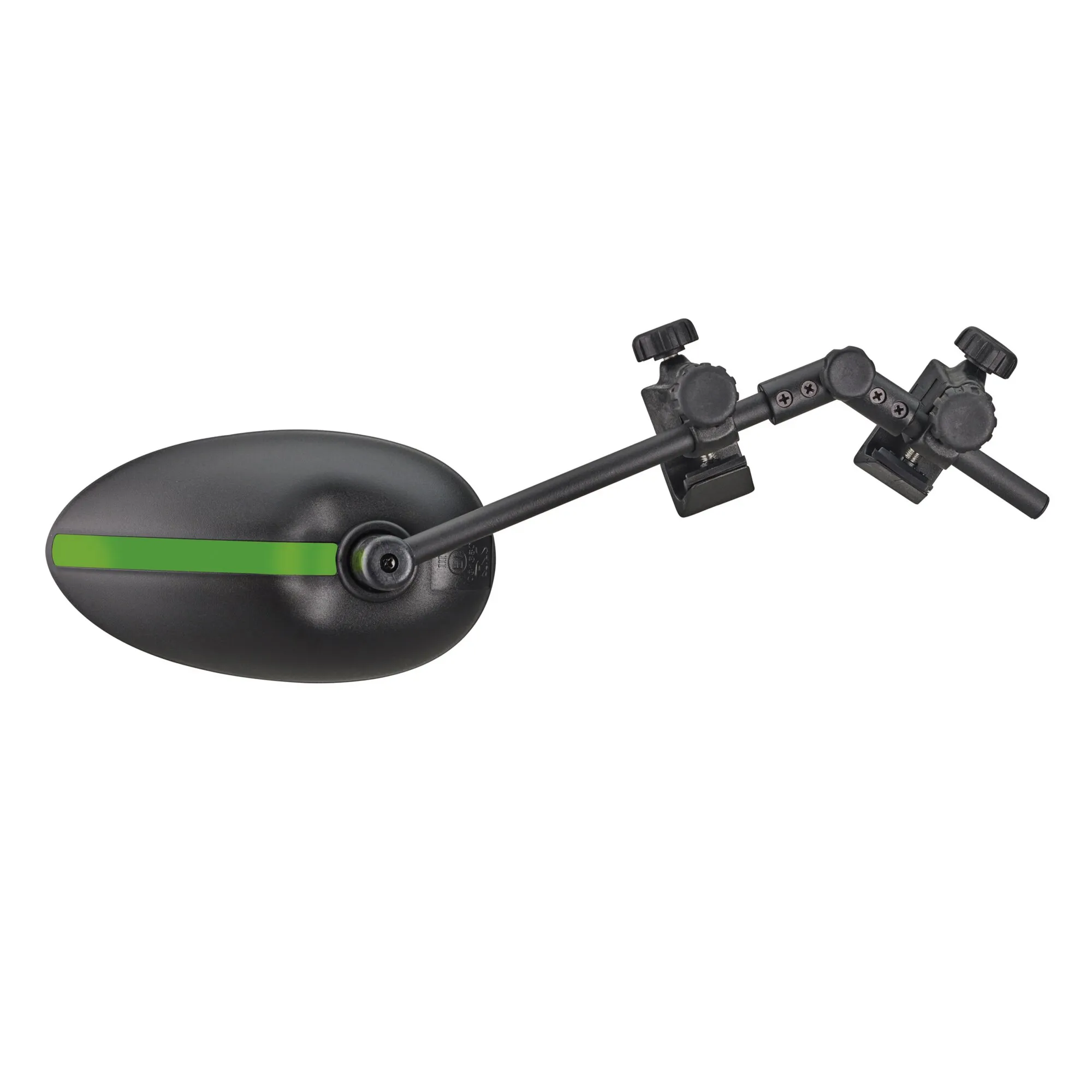 Schwarzer Caravanspiegel Speed Fix Mirror mit ovalem Spiegel und grüner Reflektorleiste, zwei verstellbaren Befestigungsklemmen