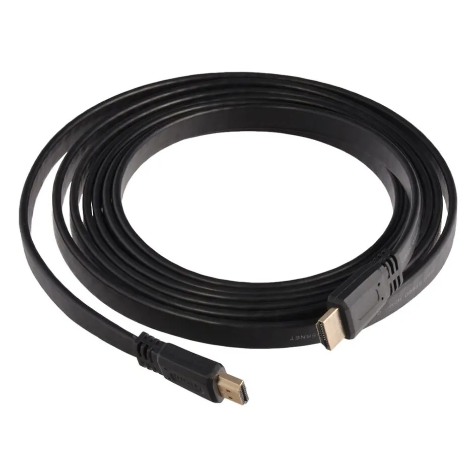 Schwarzes flaches HDMI-Kabel mit zwei vergoldeten Steckern, aufgerollt, 5 Meter lang