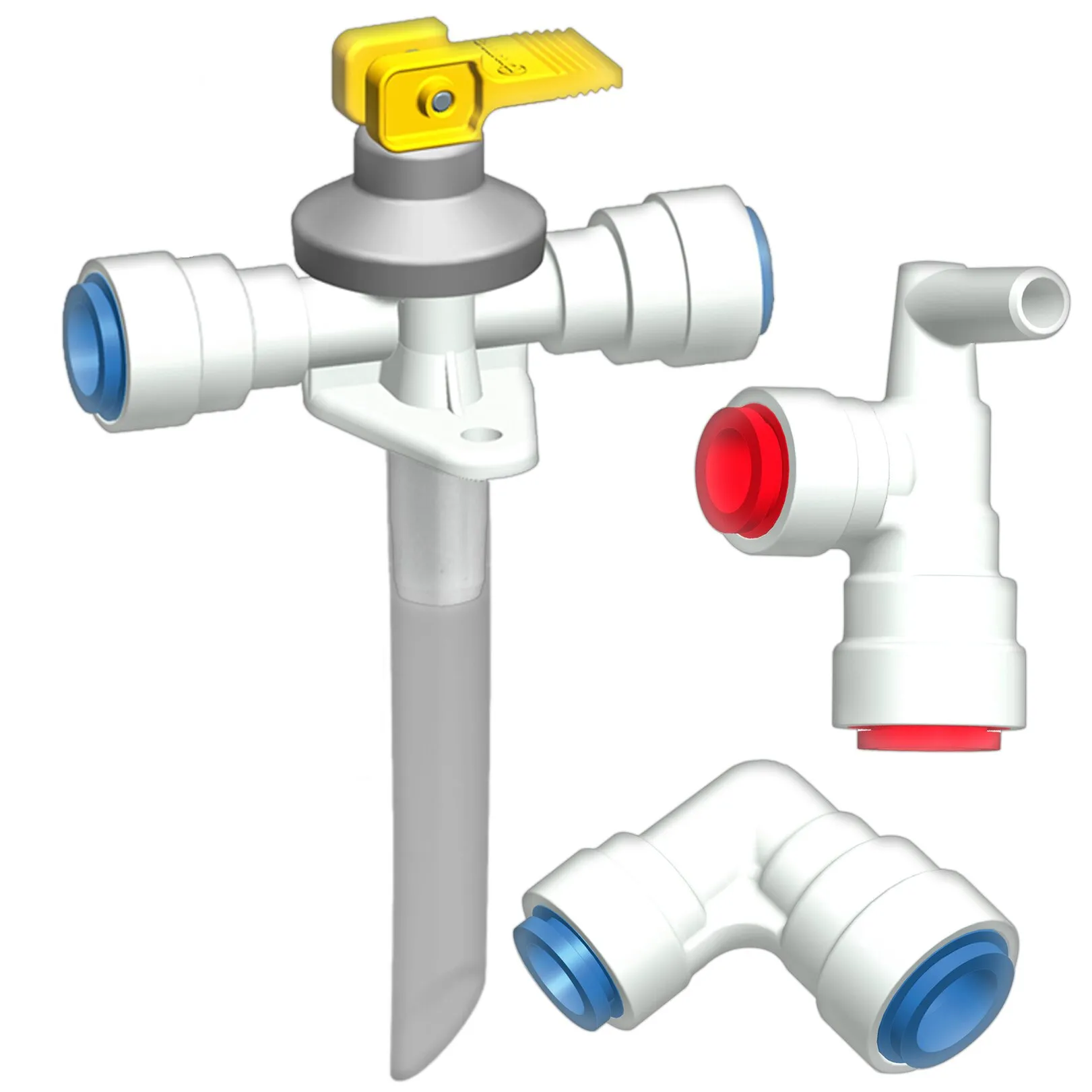 Wasserset ABO JG aus weißen Kunststoff-Verbindern mit blau-roten Anschlüssen, gelbem Absperrhahn und langem Steigrohr