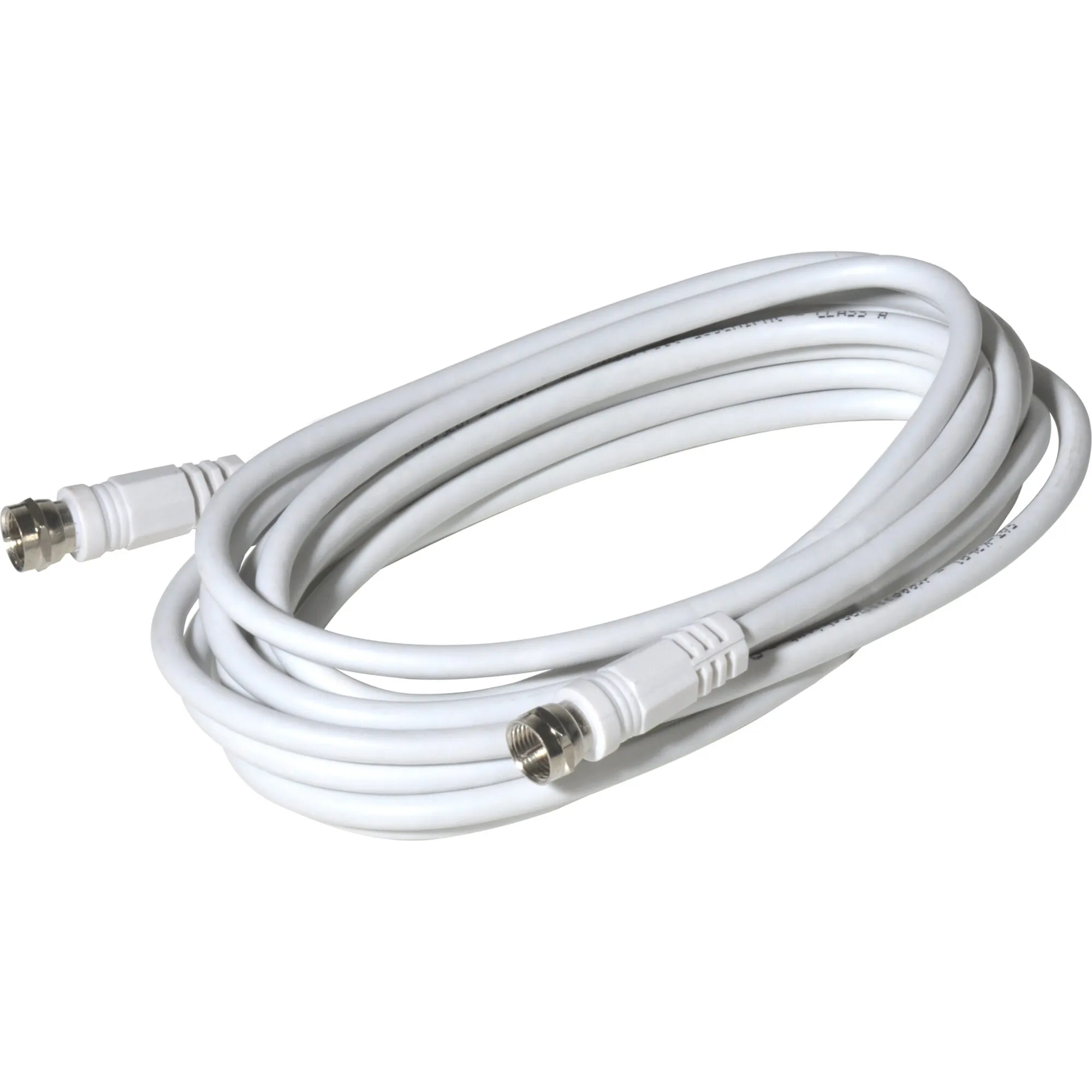 Weißes 2,50 m langes Sat-Kabel mit zwei vormontierten F-Steckern, aufgewickelt auf weißem Hintergrund
