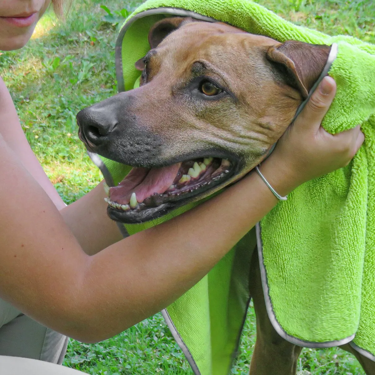 Brauner Hund wird im Freien von einer Person mit einem grünen Hundehandtuch Pet Towel abgetrocknet