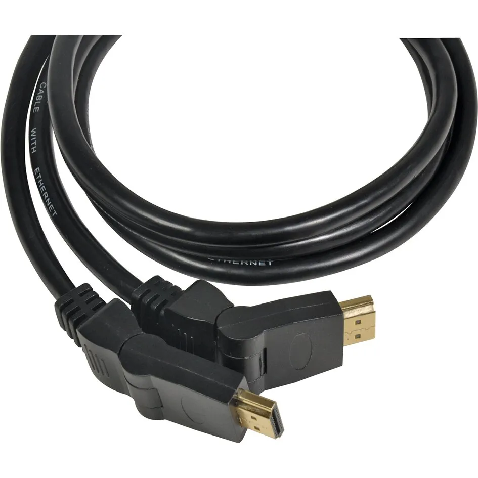 Schwarzes HDMI-Kabel mit zwei goldfarbenen HDMI-Steckern, jeweils rechtwinklig geformt, liegt locker aufgewickelt auf hellem Hintergrund