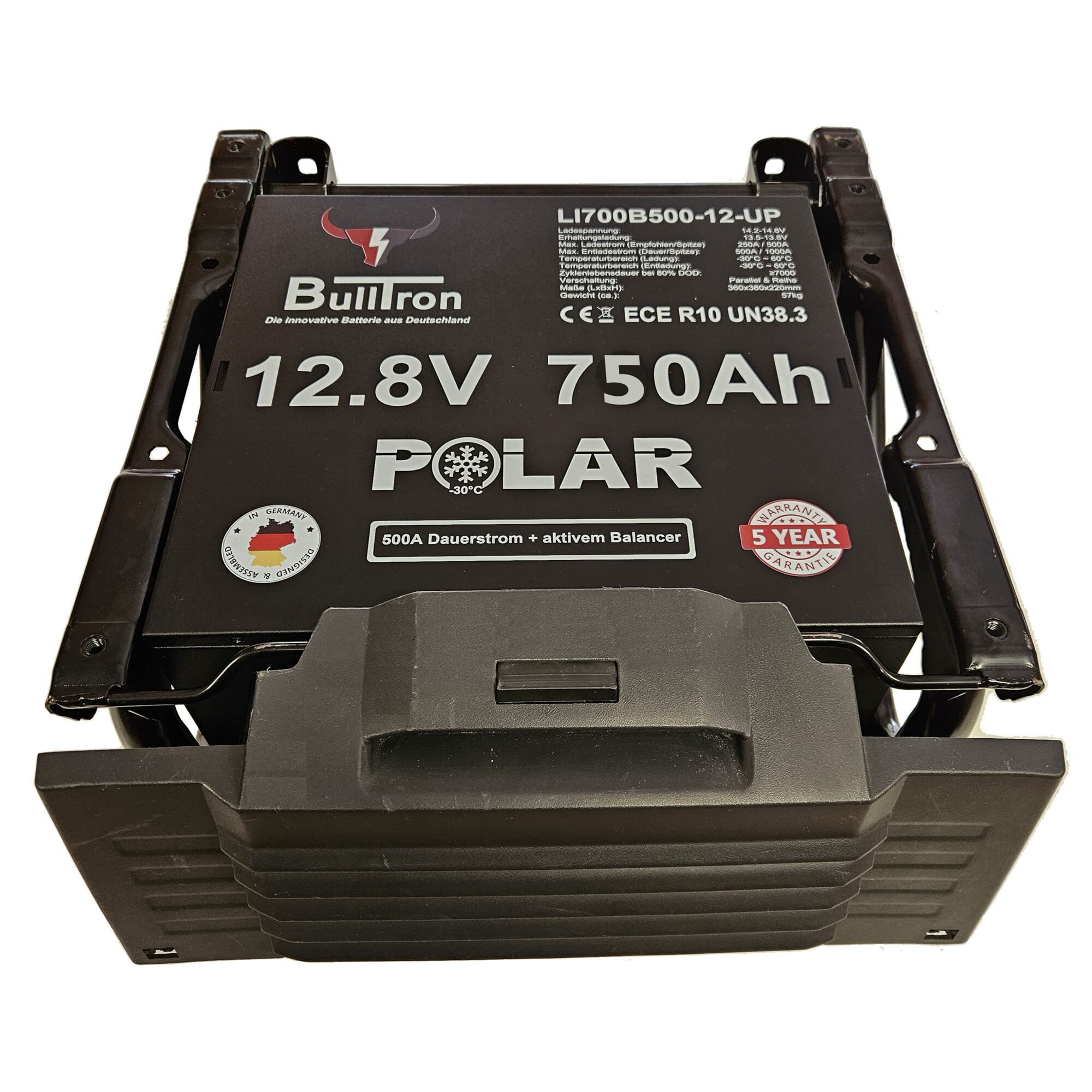 Schwarze Lithiumbatterie Polar Unter Sitz mit Griffen, sichtbar 12.8V 750Ah, Logo BulIron, Modell LI700B500-12-UP, 5 Jahre Garantie