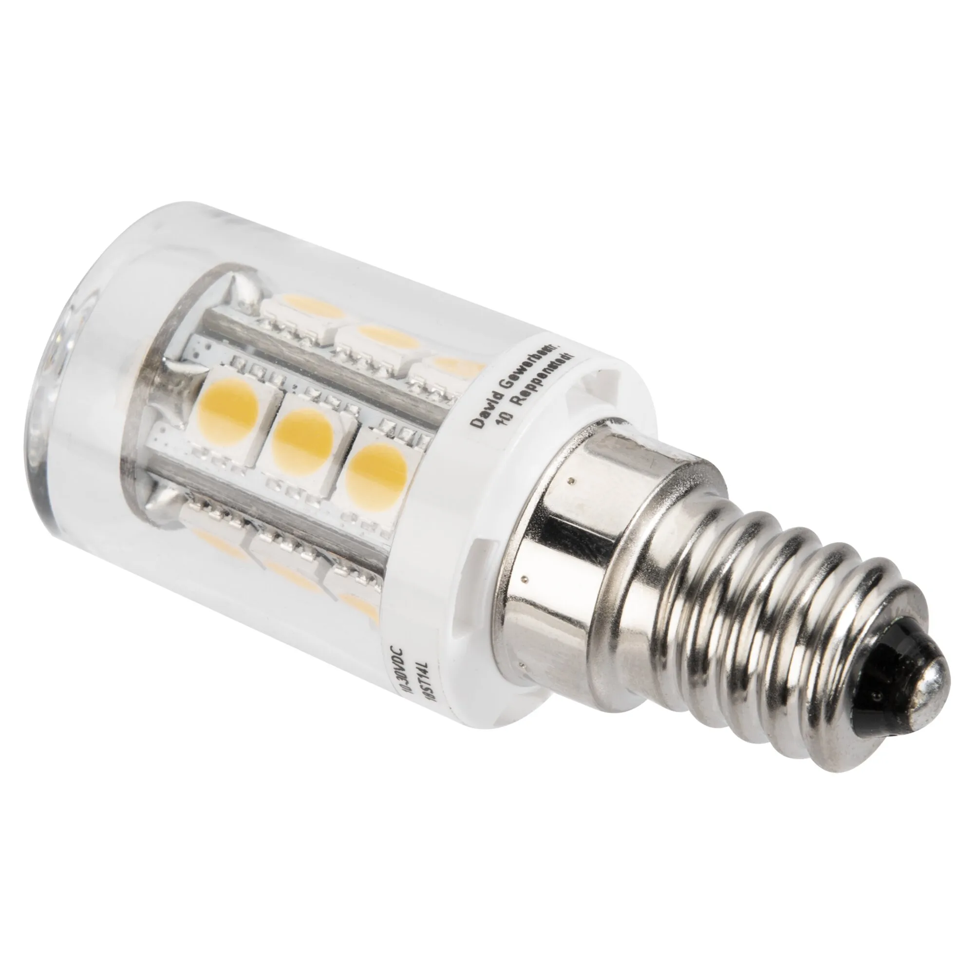 Transparente LED-Lampe mit sichtbaren gelben LED-Chips und silbernem E14-Schraubsockel in Detailansicht