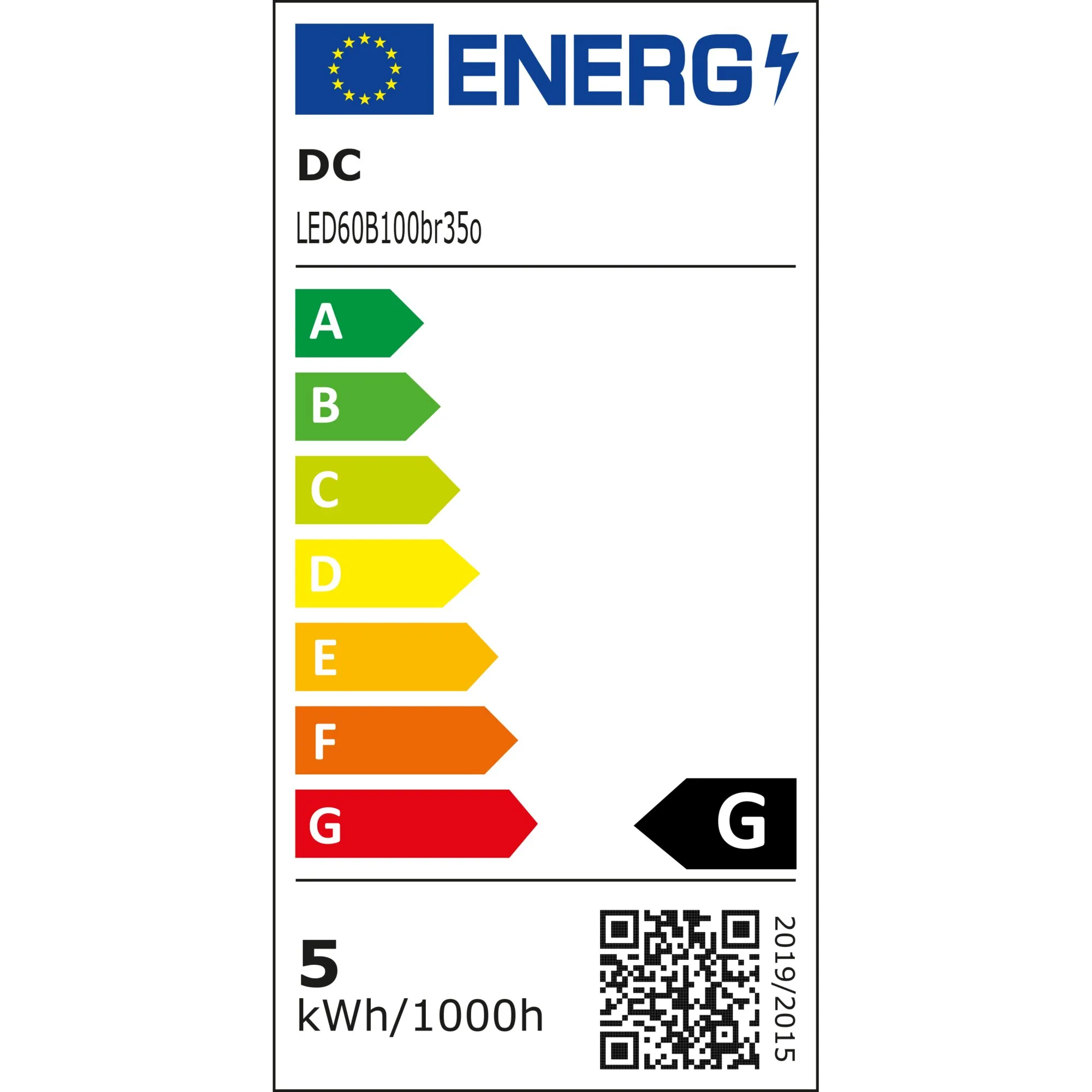Energieetikett für das 100 cm lange Lichtband, Modell LED60B100br350, Energieeffizienzklasse G und Verbrauch 5 kWh/1000 h