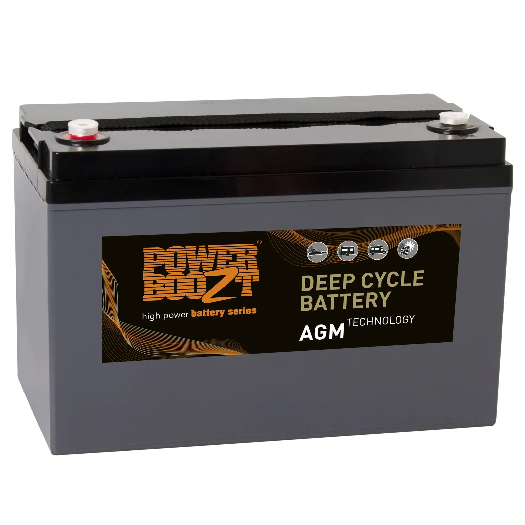 Graue AGM-Deep-Cycle-Batterie mit schwarzem Deckel, zwei Anschlüssen und Aufdruck Power Bull, 110 Ah