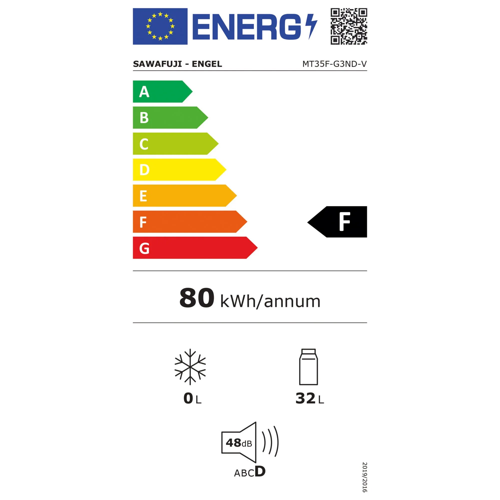 EU-Energieetikett für die Kühlbox Sawafuji Engel MT35F-G3ND-V mit Energieeffizienzklasse F, 80 kWh/Jahr, 32 l, 0 l Gefrierfach und 48 dB