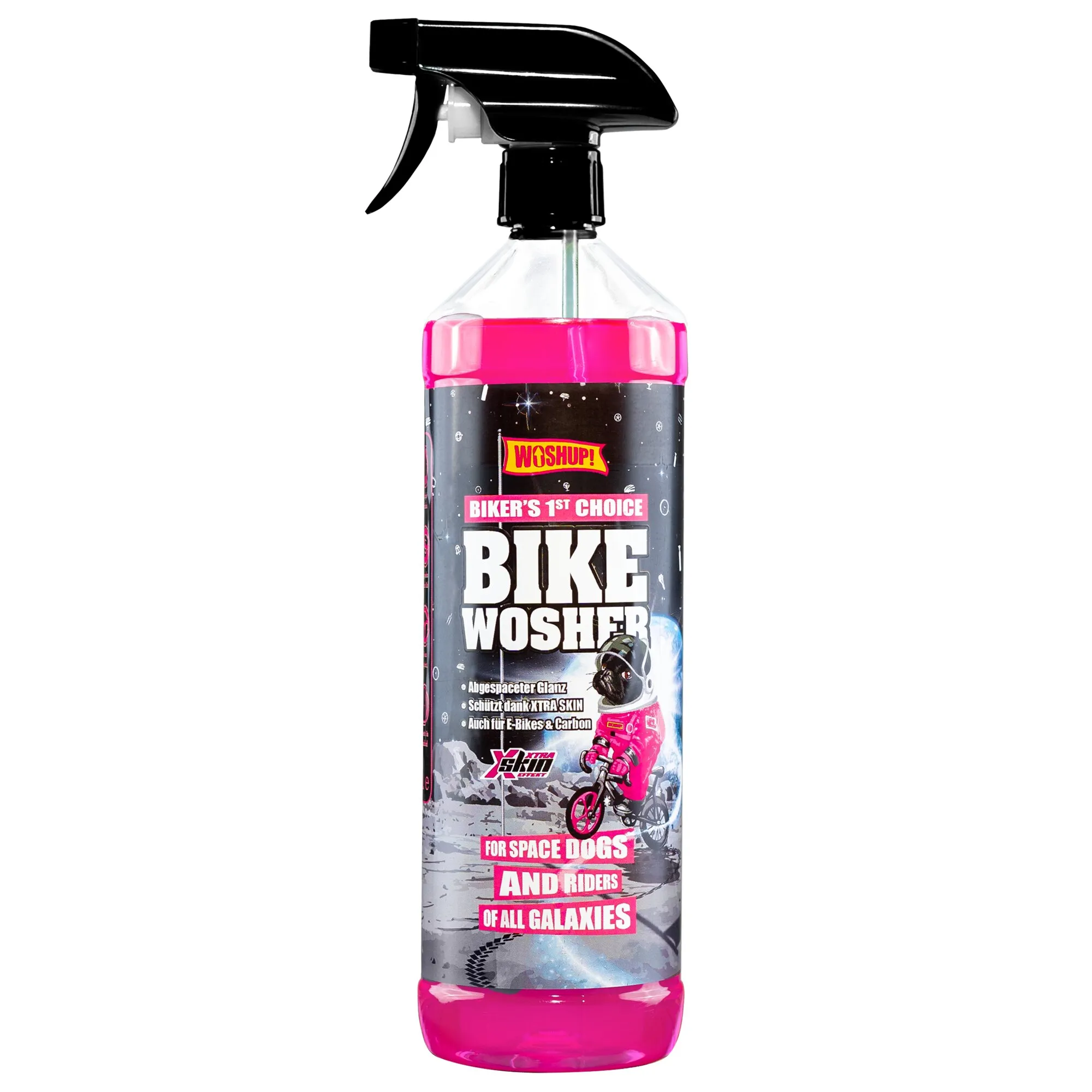 Transparente 1-Liter-Sprühflasche Bike Wosher mit schwarzem Sprühkopf, pinkem Deckel und Etikett mit Weltraum-Motiv