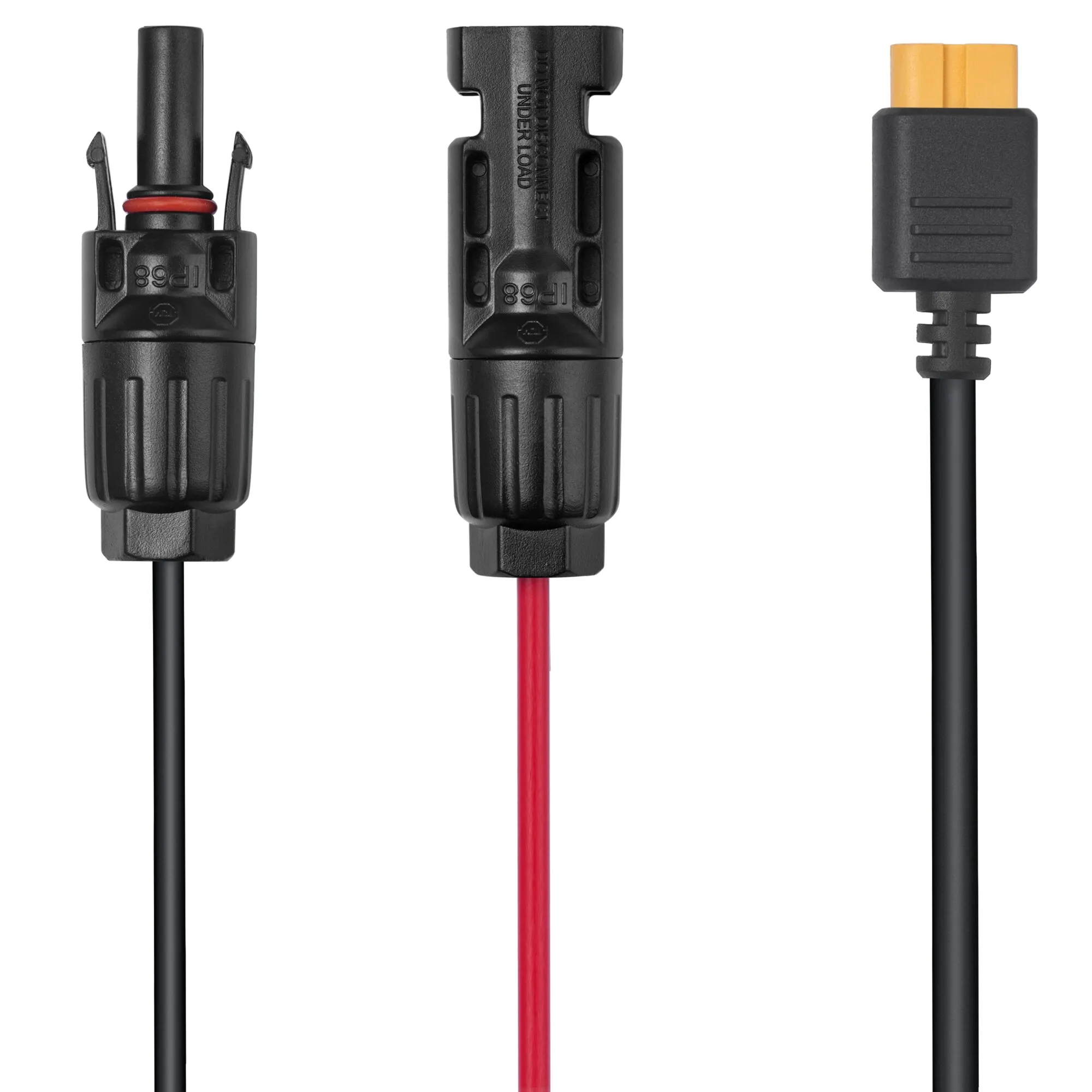 5 m MC4-auf-XT60i-Solarkabel mit zwei schwarzen MC4-Steckern, rotem und schwarzem Kabel sowie gelbem XT60i-Stecker