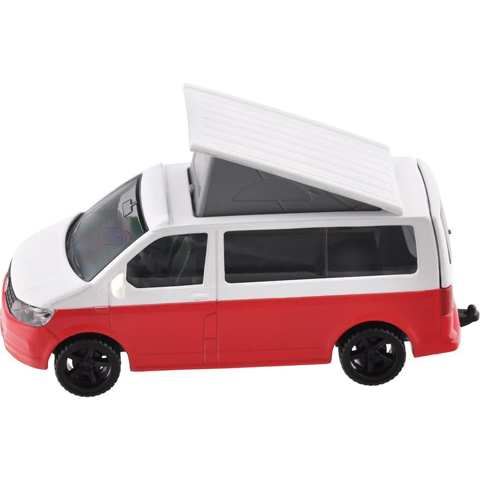 Roter und weißer VW T6 California als Modellauto in Seitenansicht mit schwarzen Rädern und geöffnetem Aufstelldach