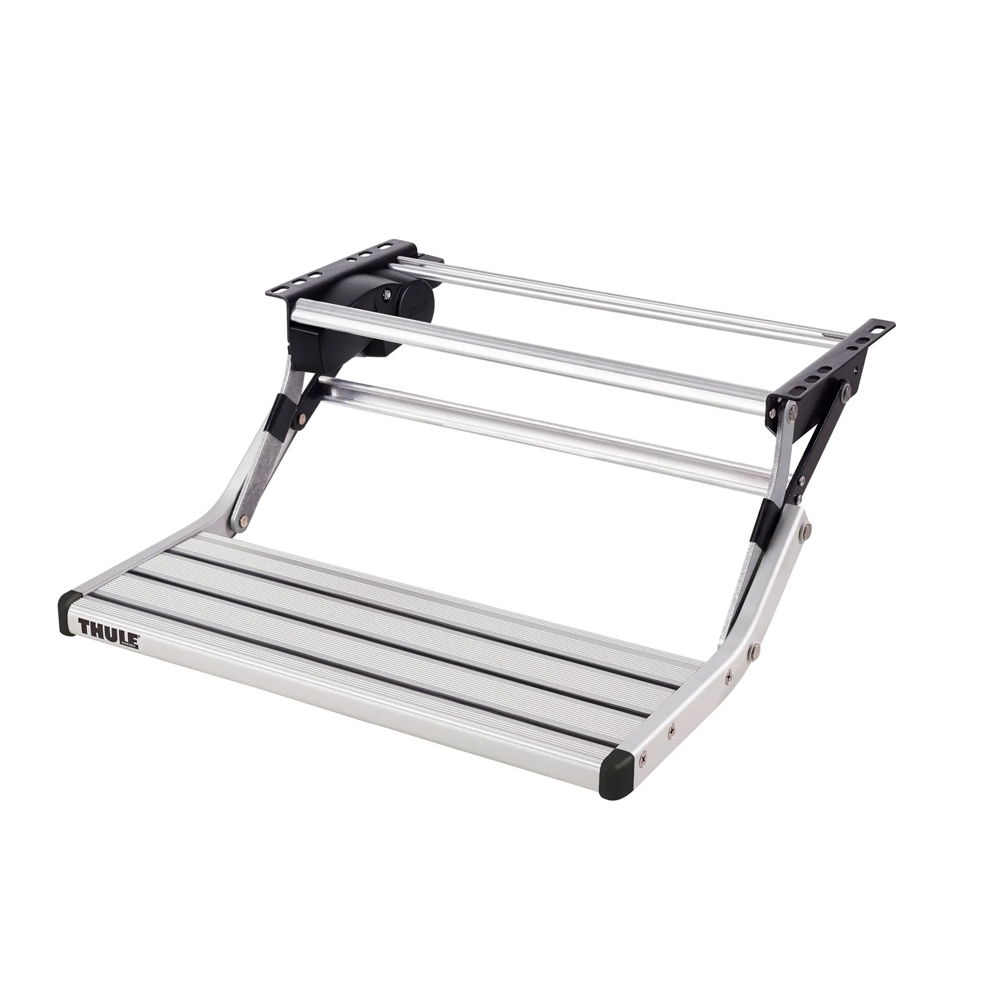 Ausgeklappte Thule Single Step V15 Trittstufe aus Aluminium mit geriffelter Plattform und schwarzen Halterungen, 552 mm breit