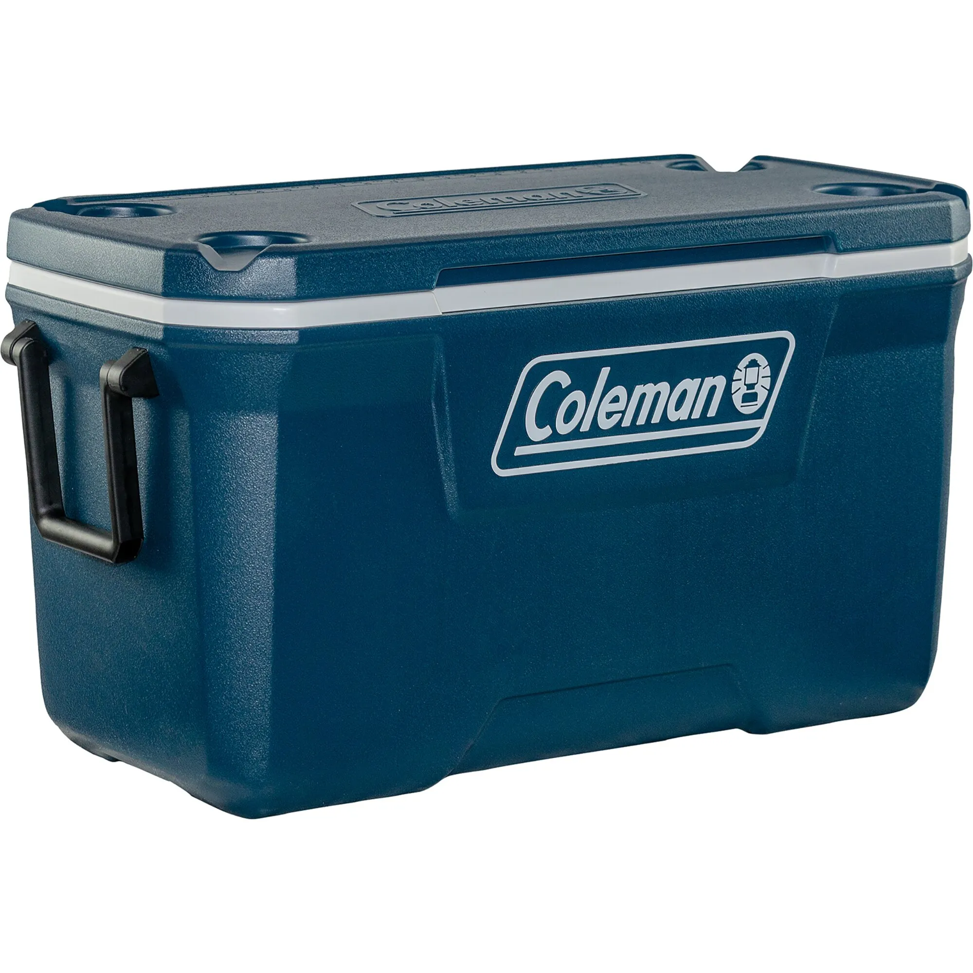 Coleman Xtreme Chest Kühlcontainer mit 66 Litern Fassungsvermögen, dunkelblauem Deckel, weißen Akzenten und seitlichen Tragegriffen