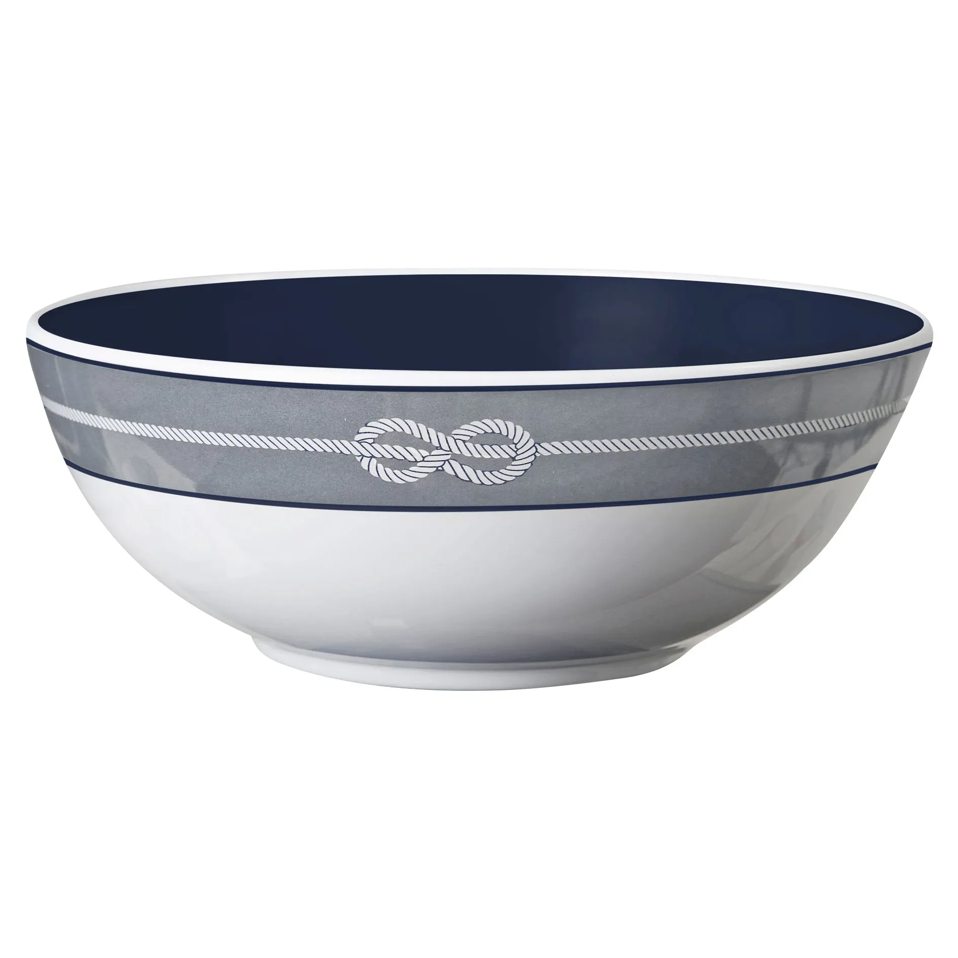 Nautical Schüssel aus weißem Porzellan mit dunkelblauem Innenraum, grauem Seilornament und blauem Rand