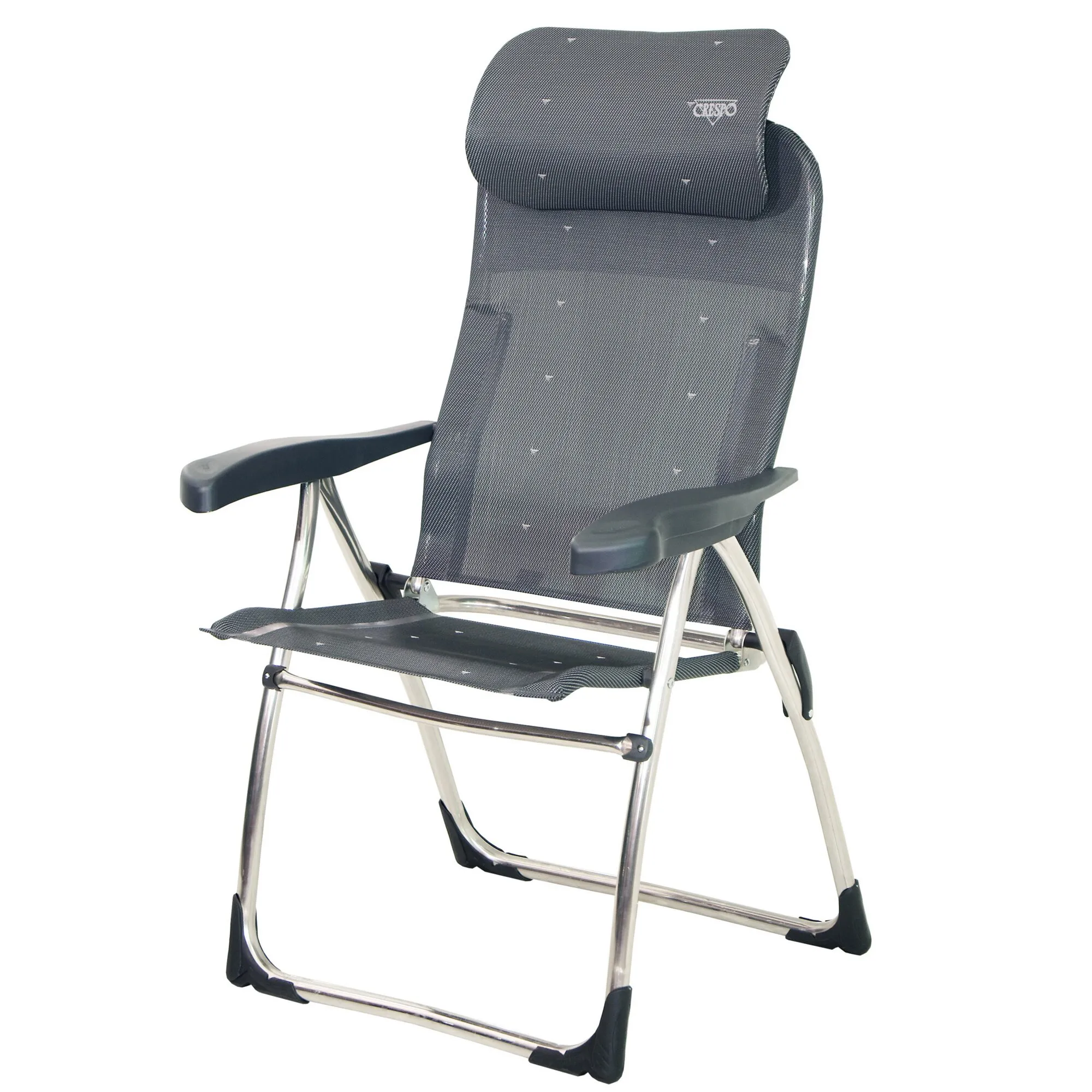 Campingstuhl XS AL/215 Compact mit schwarzem Textilbezug, verstellbarer Rückenlehne, Armlehnen und glänzendem Aluminiumgestell
