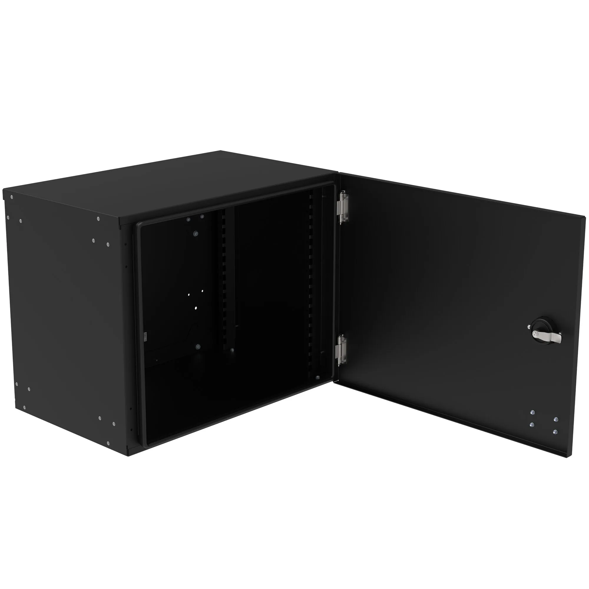 Schwarze Staubox S für X-Rack mit geöffneter Tür, sichtbarem Innenraum, Scharnieren und Drehverschluss geeignet für Euroboxen