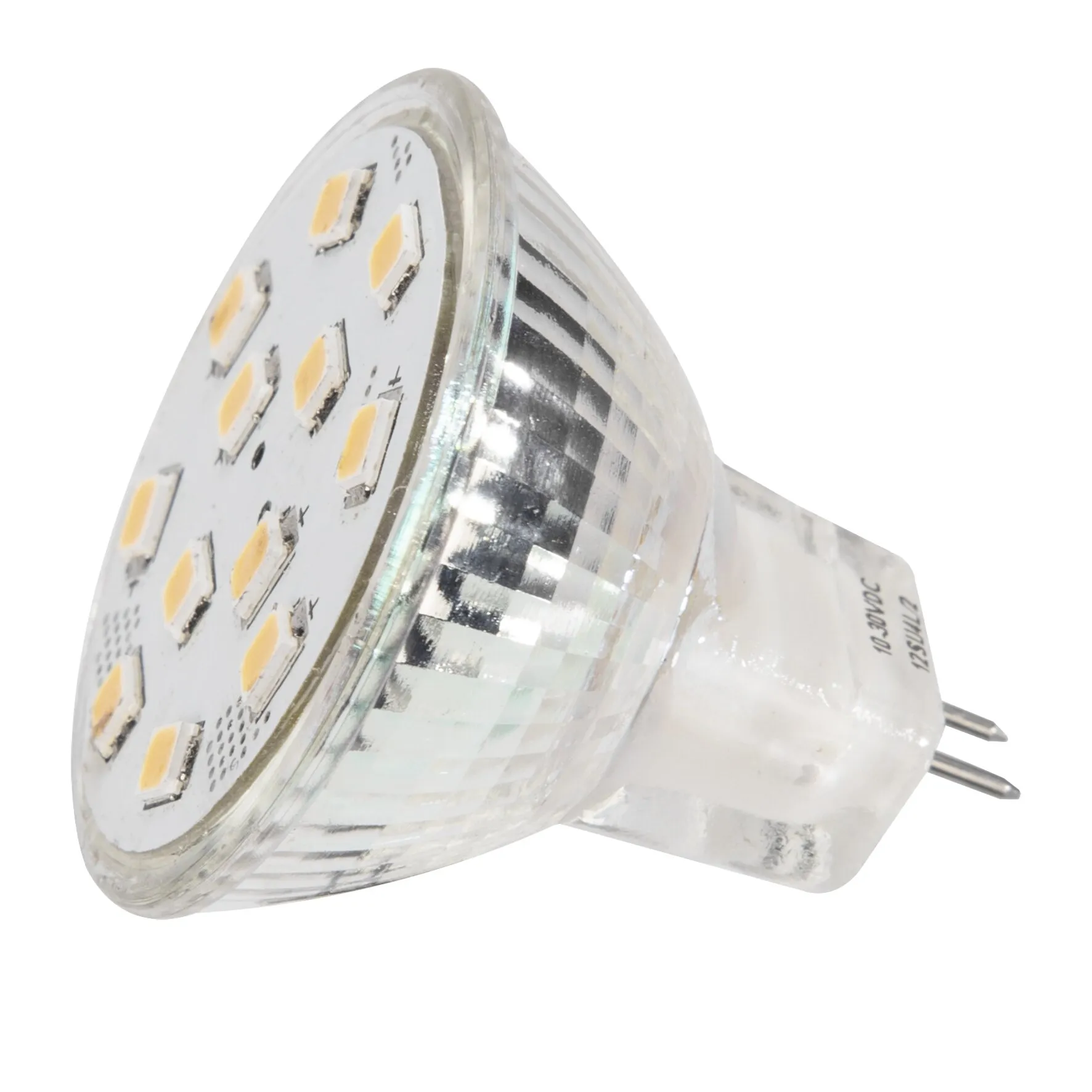 LED-Leuchtmittel GU4 mit 2 W, transparentem Reflektorgehäuse, sichtbaren gelben LED-Chips und zwei Kontaktstiften