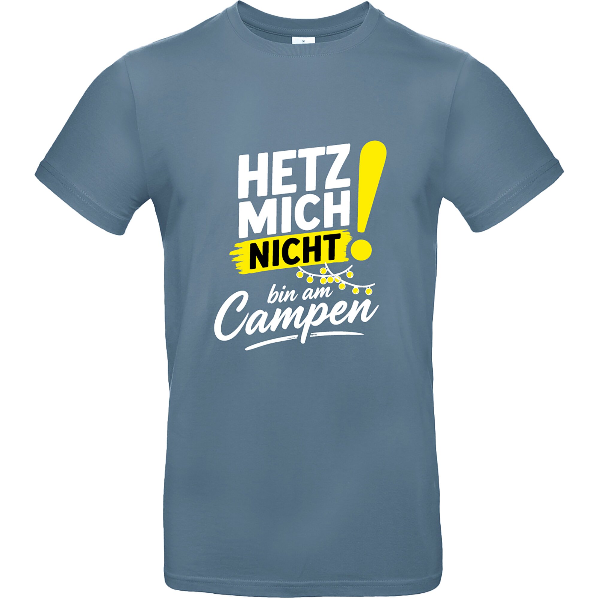 T-Shirt Hetz mich nicht, bin am Campen, Grau/Blau, Größe XL