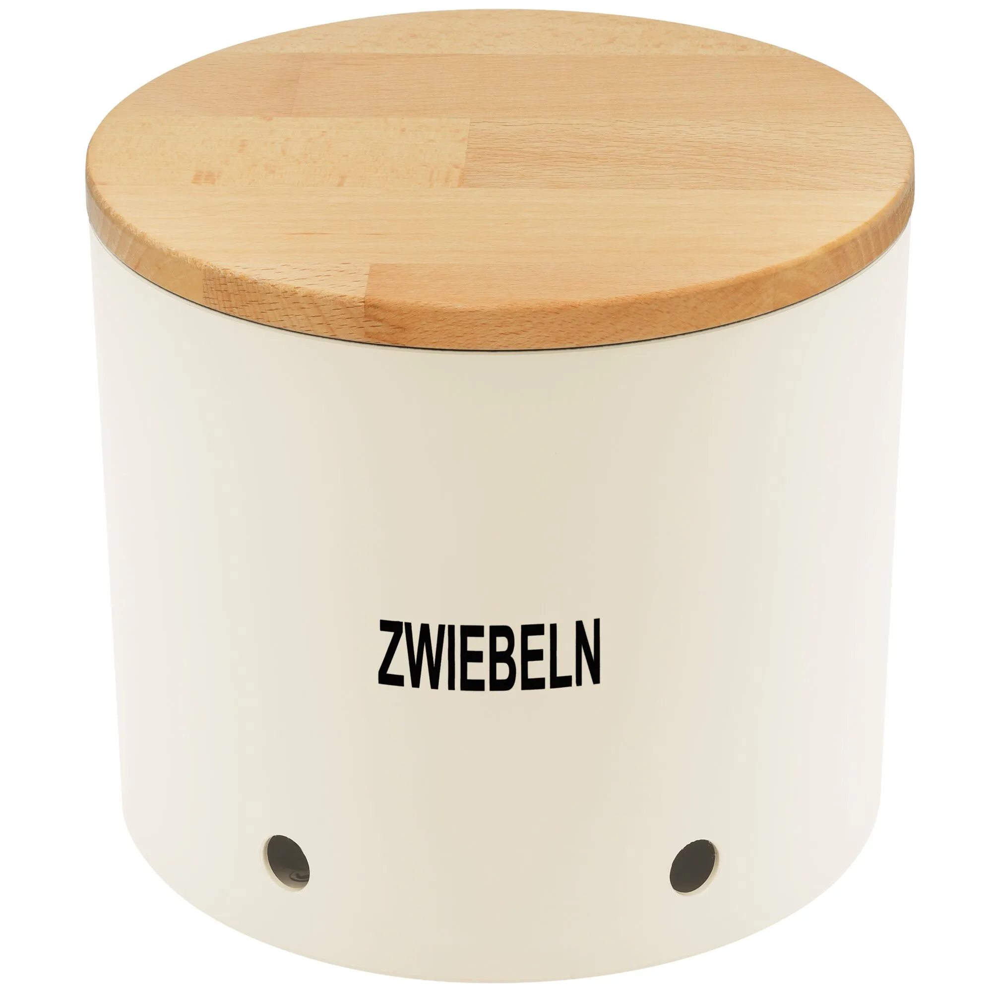 Runder Zwiebeltopf mit weißem Gehäuse, hellem Holzdeckel aus mehreren Holzstücken, zwei runde Belüftungslöcher unten und der Aufdruck ZWIEBELN