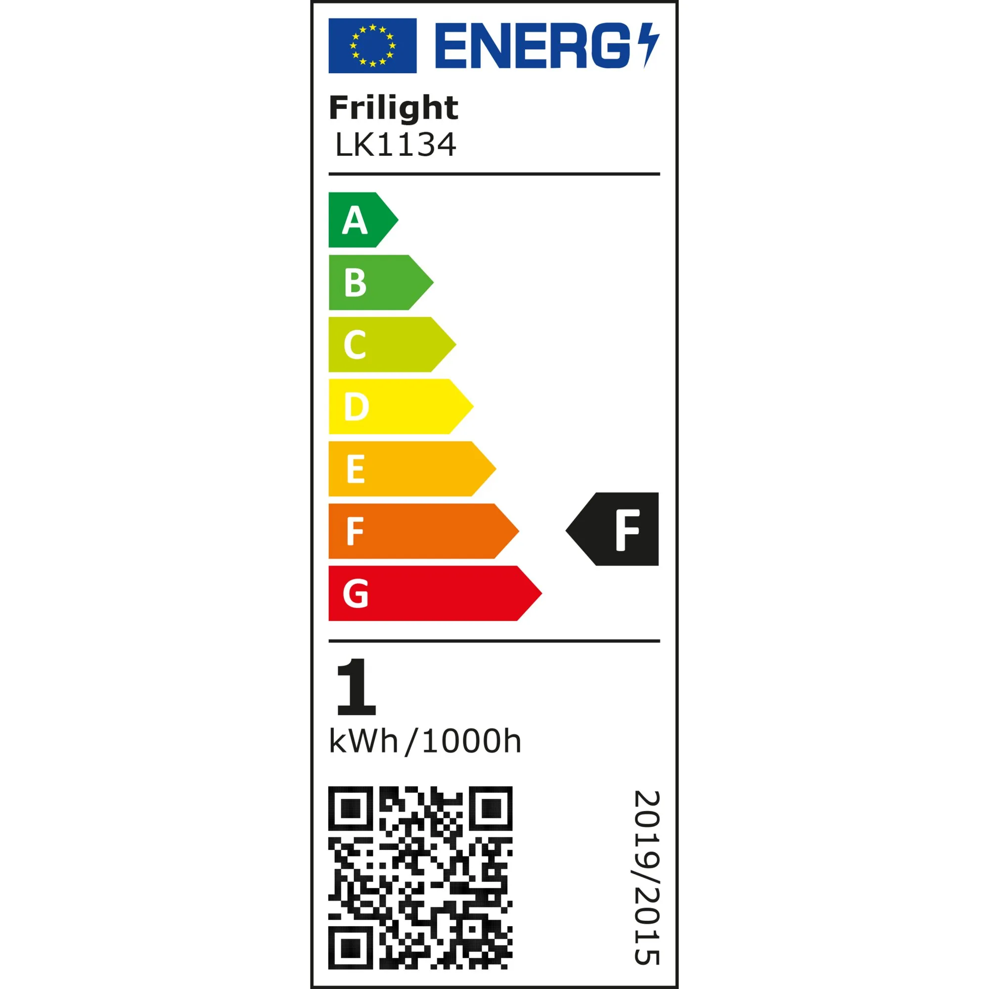 Energieeffizienzlabel für Frilight LK1134 mit Energieklasse F und Verbrauch von 1 kWh pro 1000 Stunden, QR-Code‑Kennzeichnung
