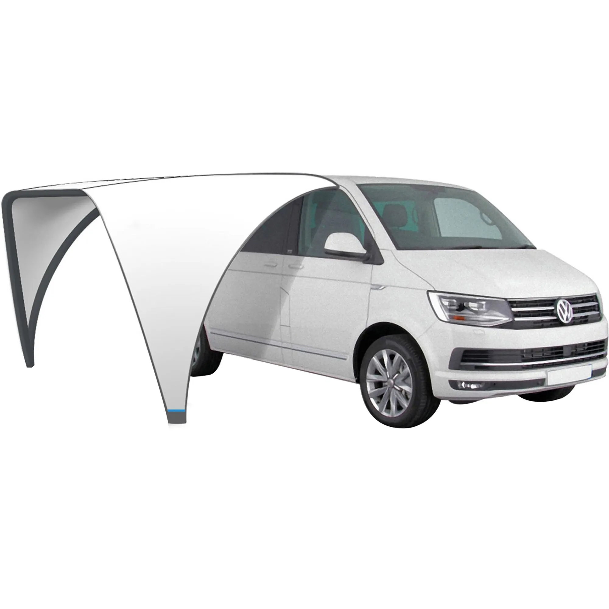 Weißer Volkswagen-Transporter mit montiertem grauem Sonnendach Rhombus Van in seitlicher Vorderansicht