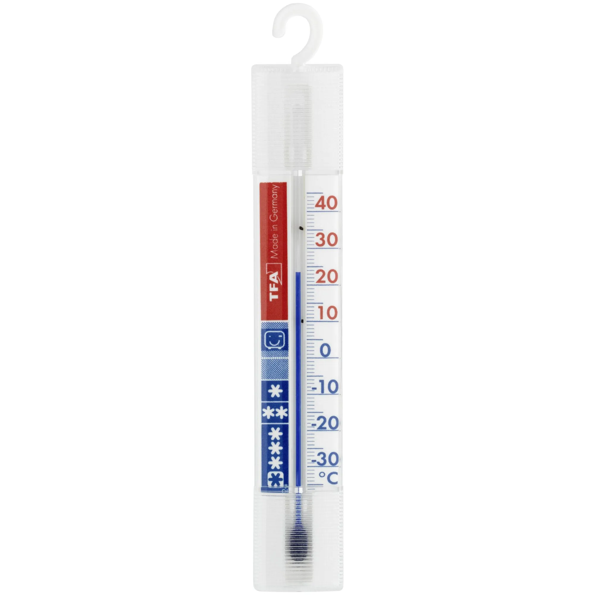 Weißes Kühlschrankthermometer mit Haken, transparenter Kunststoffhülle und blau-roter Temperaturskala von minus 30 bis 40 Grad Celsius