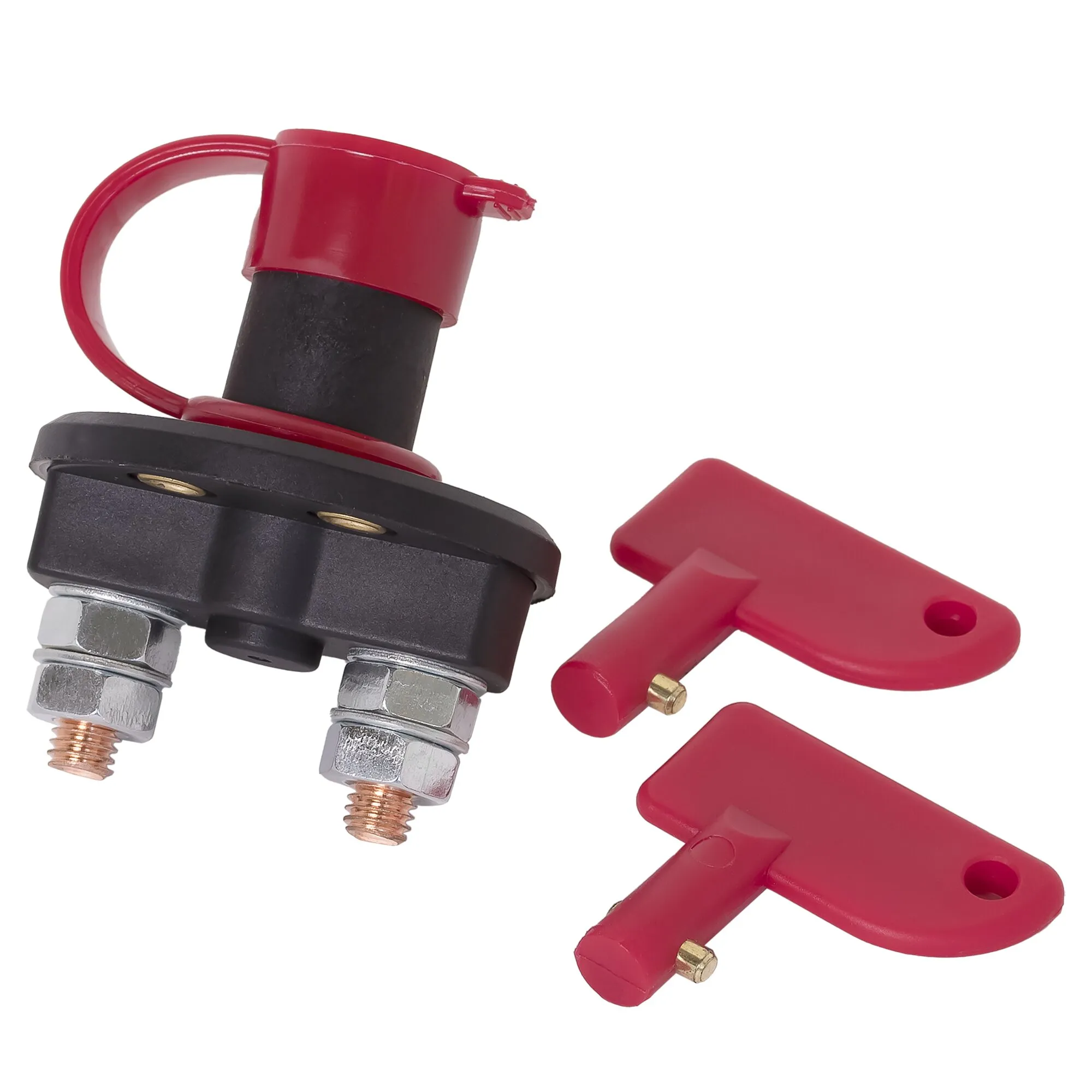 Roter und schwarzer Batteriepoltrenner für das Basic PowerSet PB-70 AGM mit abnehmbaren roten Abdeckungen und Schraubanschlüssen