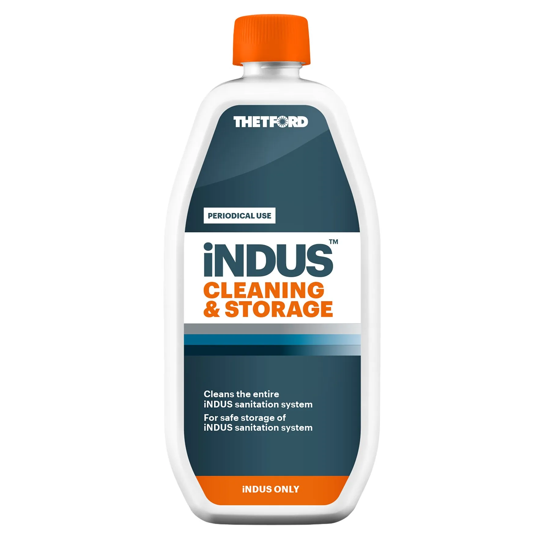 Weiße Thetford-Kunststoffflasche mit orangefarbenem Verschluss und Aufschrift iNDUS Cleaning & Storage, Toilettenreiniger für iNDUS санитар system