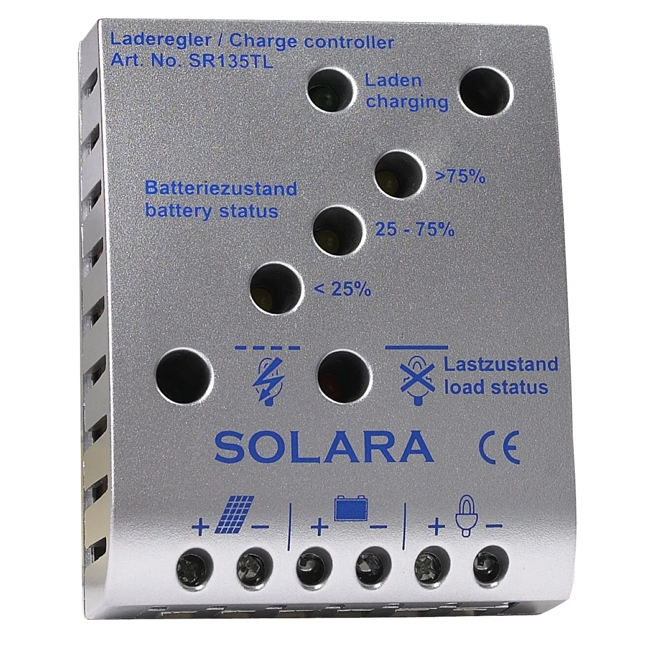Silberner SOLARA Solar-Laderegler SR135TL mit Anzeigen für Batteriestatus, Laden und Last sowie sechs Schraubklemmen
