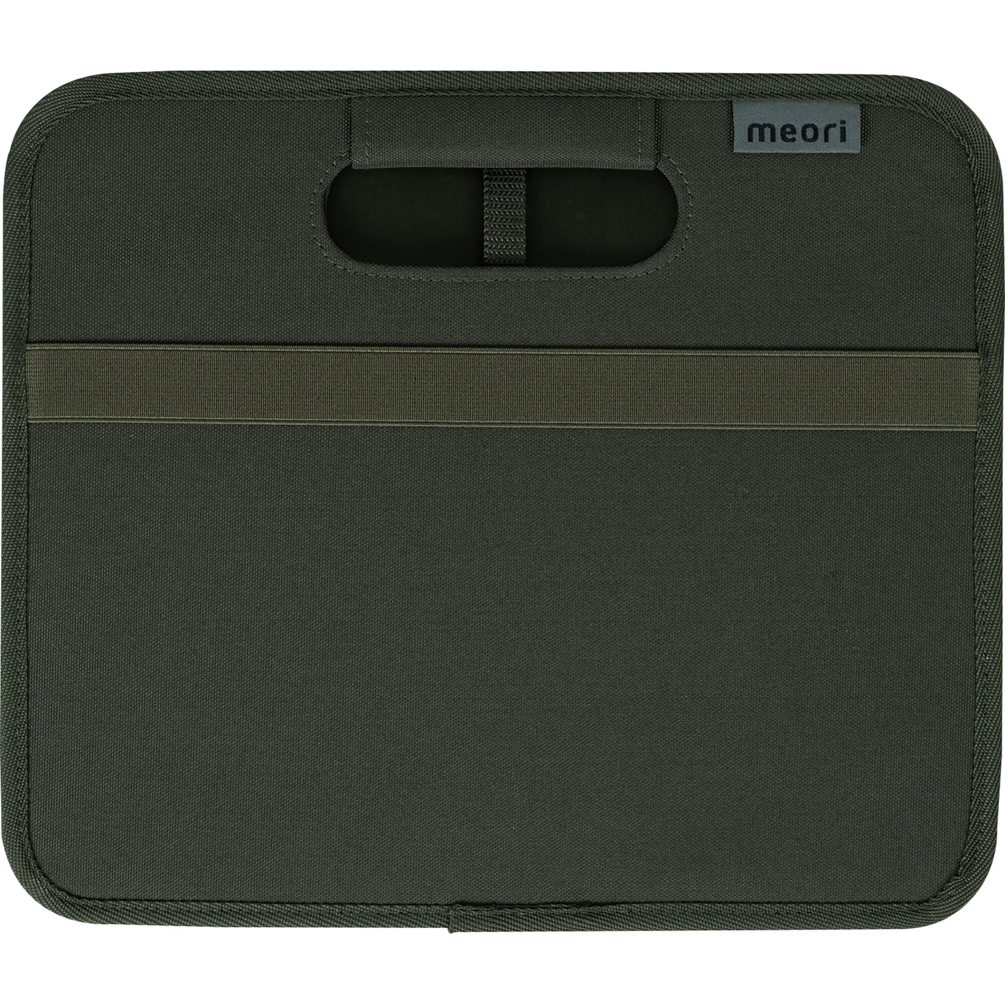 Zusammengefaltete meori Classic Faltbox in Olive Green, L, mit Tragegriff und meori-Logo auf der Vorderseite