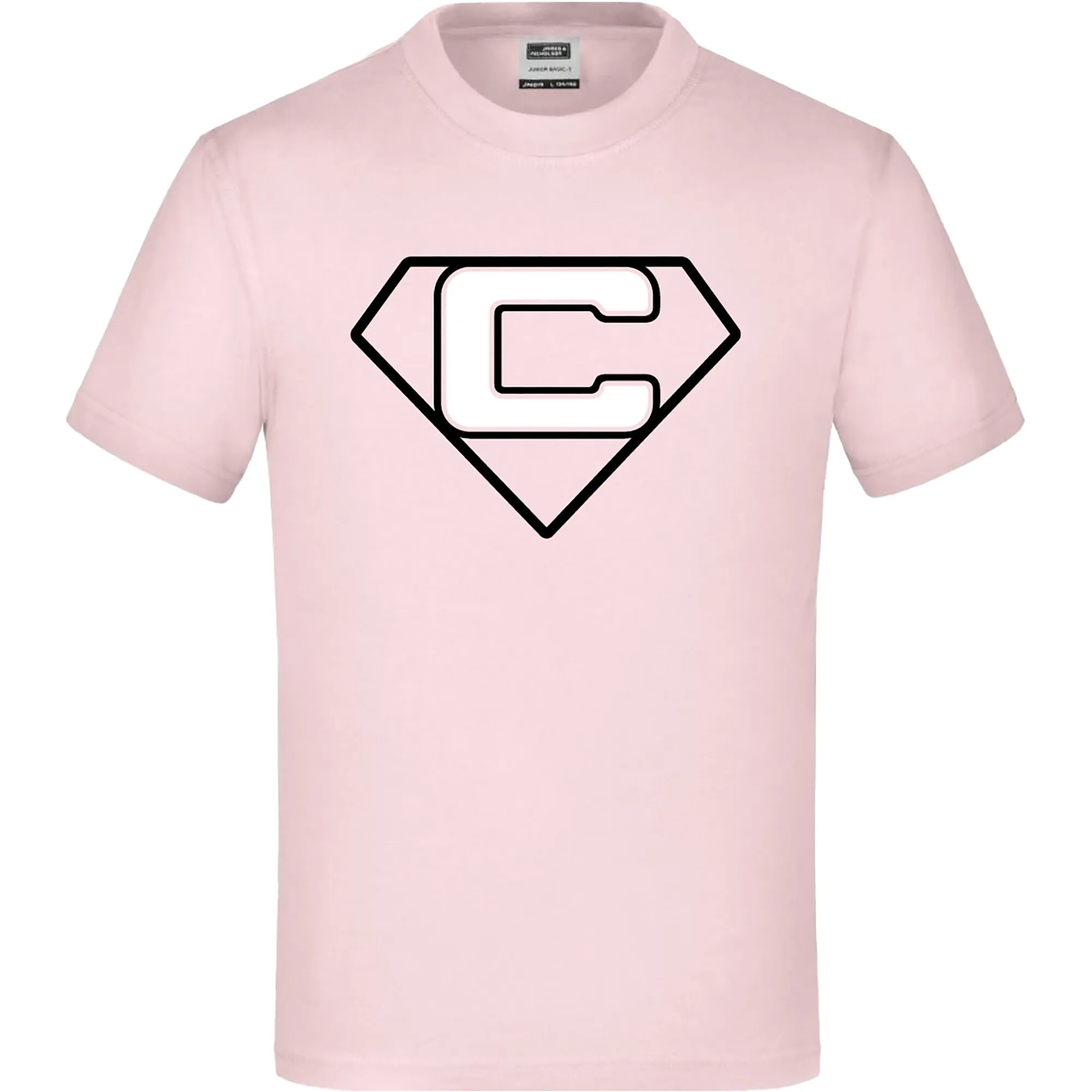 Rosa Kinder-T-Shirt in Größe 110/116 mit Rundhalsausschnitt, kurzen Ärmeln und schwarzem Superhelden-Schildmotiv