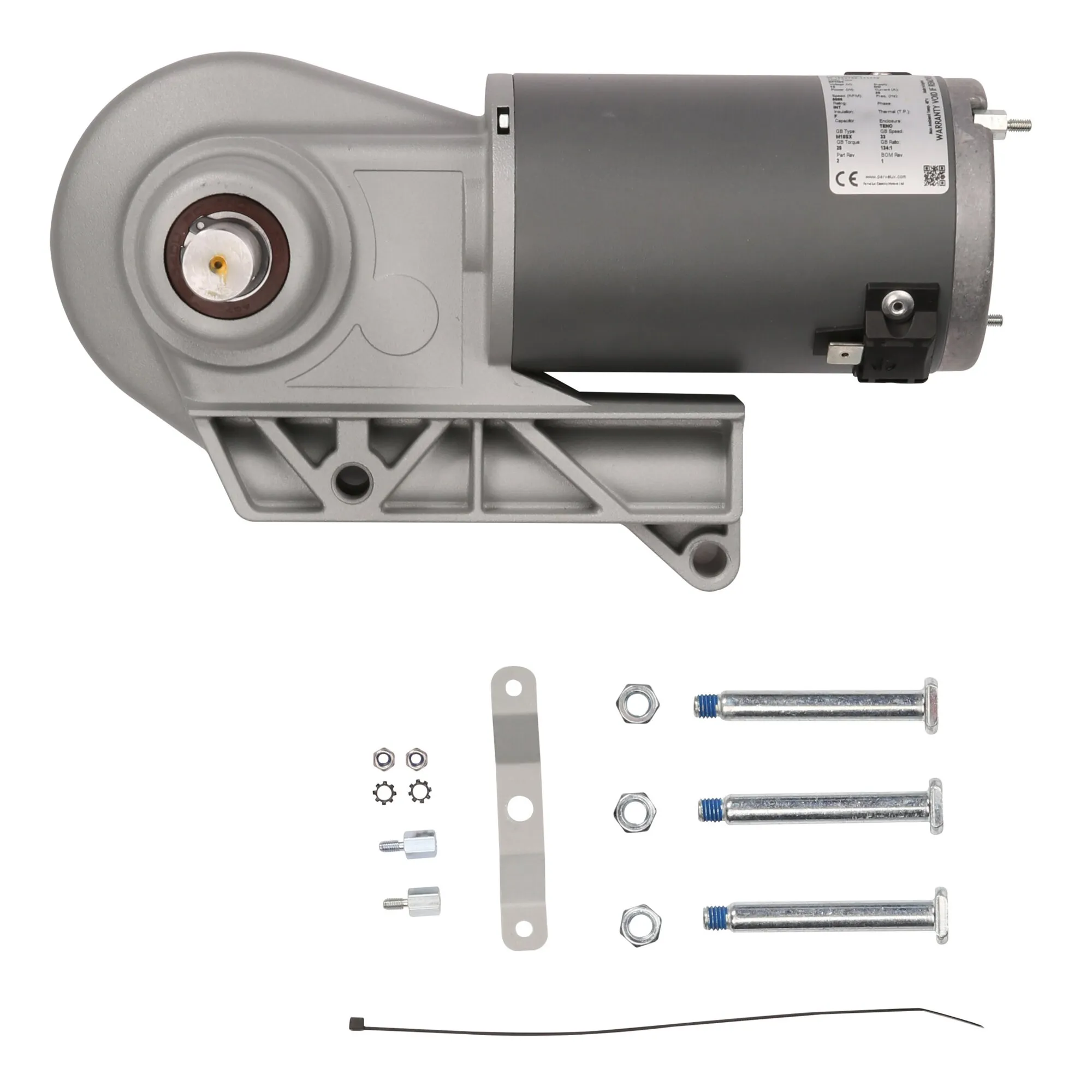 Motor-Getriebe A in grauer Seitenansicht mit Antriebswelle, Befestigungshalterung und sichtbarem Montagesatz mit Schrauben und Muttern