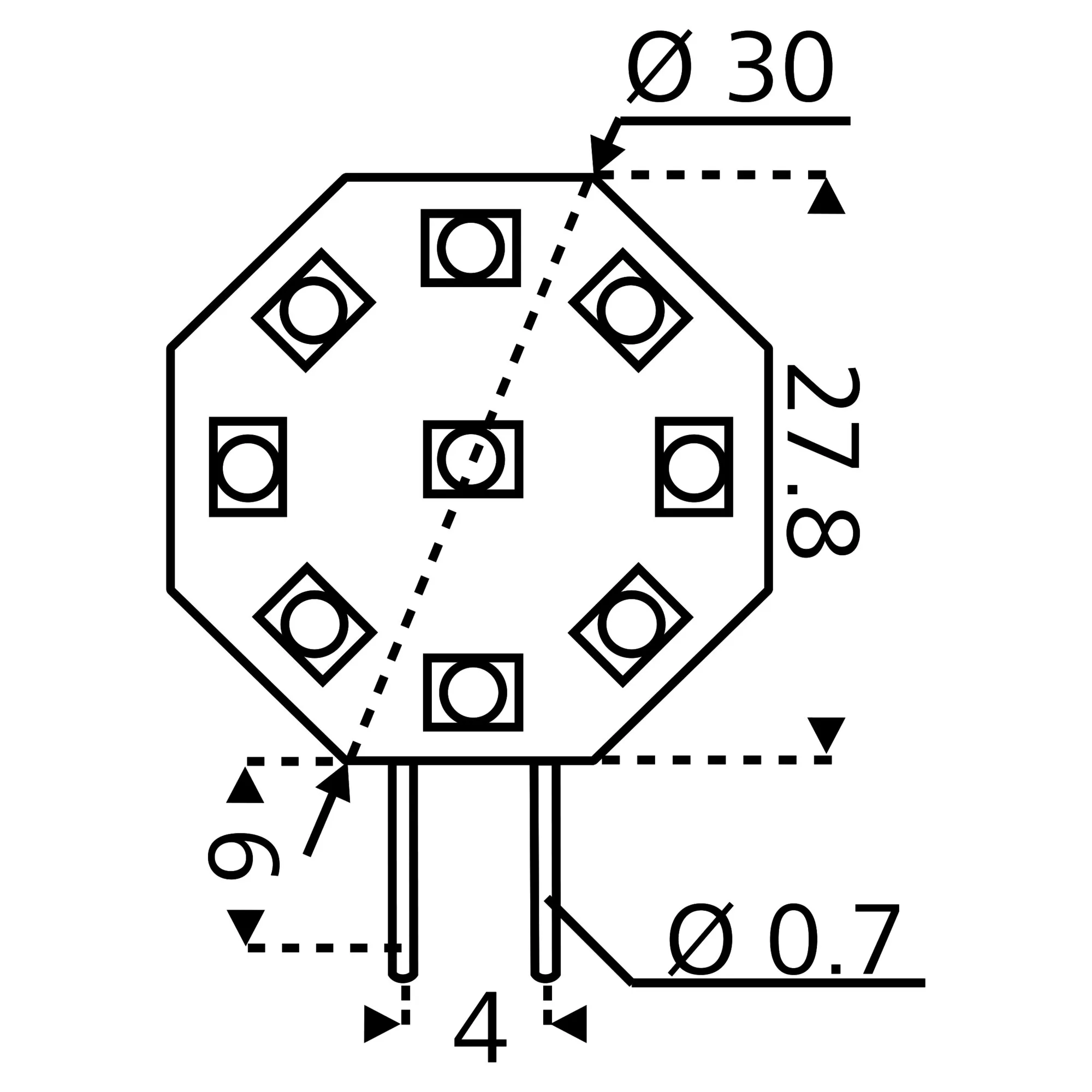 Technische Maßzeichnung eines G4-LED-Flachmoduls mit achteckiger Platine, neun LED-Elementen und zwei Anschlussstiften; Ø 30 mm, Höhe 8,7 mm