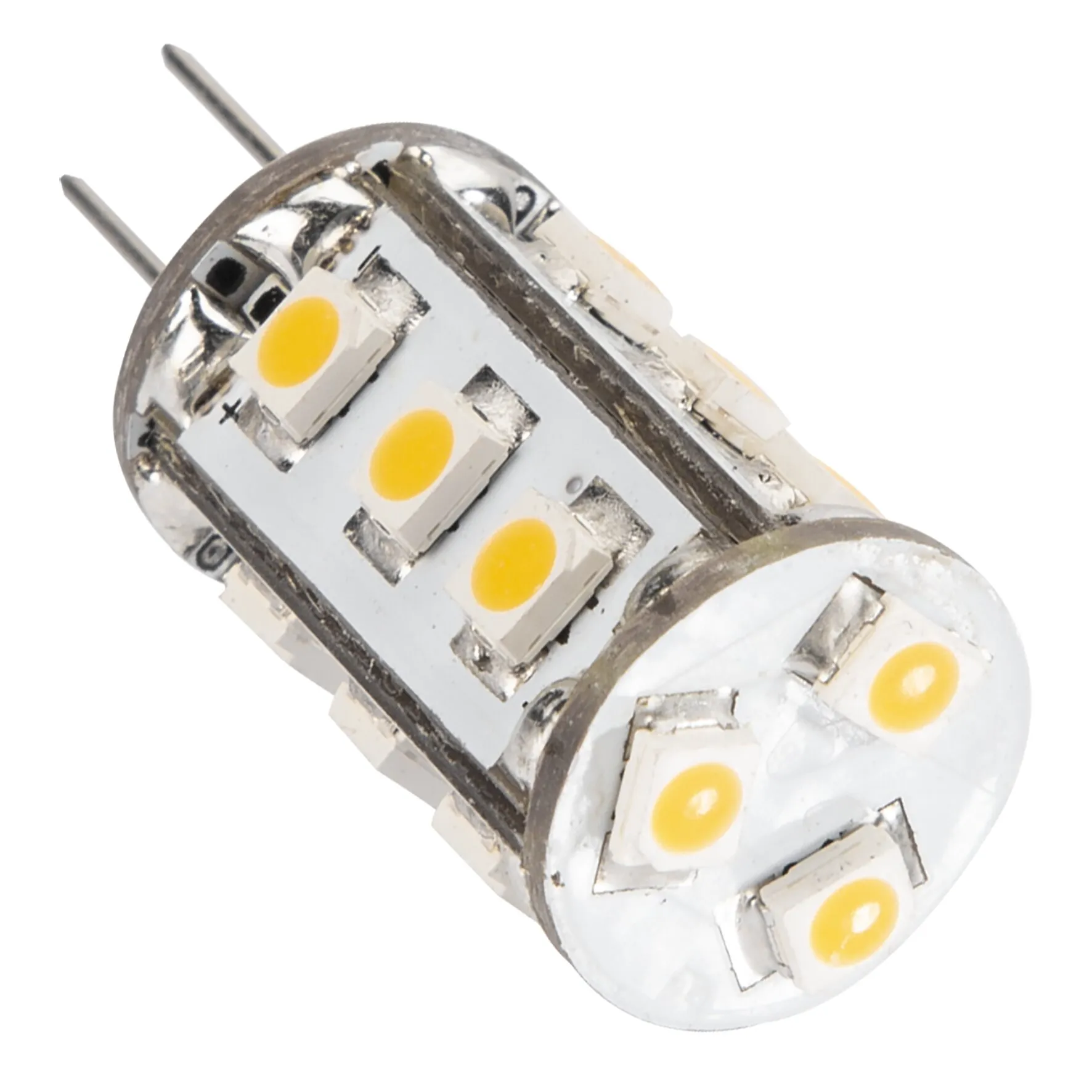 Detailaufnahme eines zylindrischen LED-Leuchtmittels G4 mit 1 W, mehreren gelben LED-Chips und zwei Metallstiften