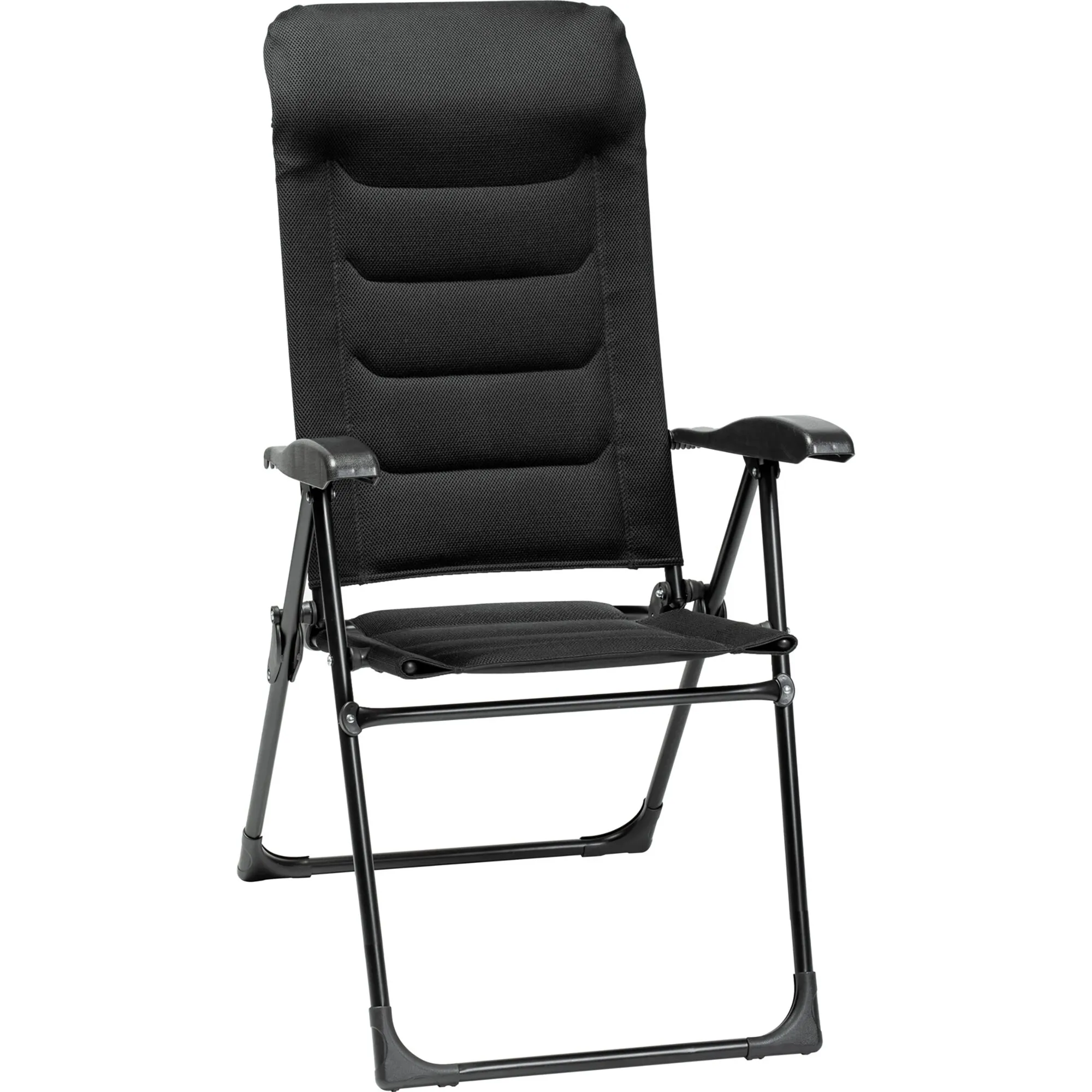 Schwarzer Campingstuhl Skye RT mit gepolsterter Rückenlehne, Armlehnen und klappbarem Metallgestell