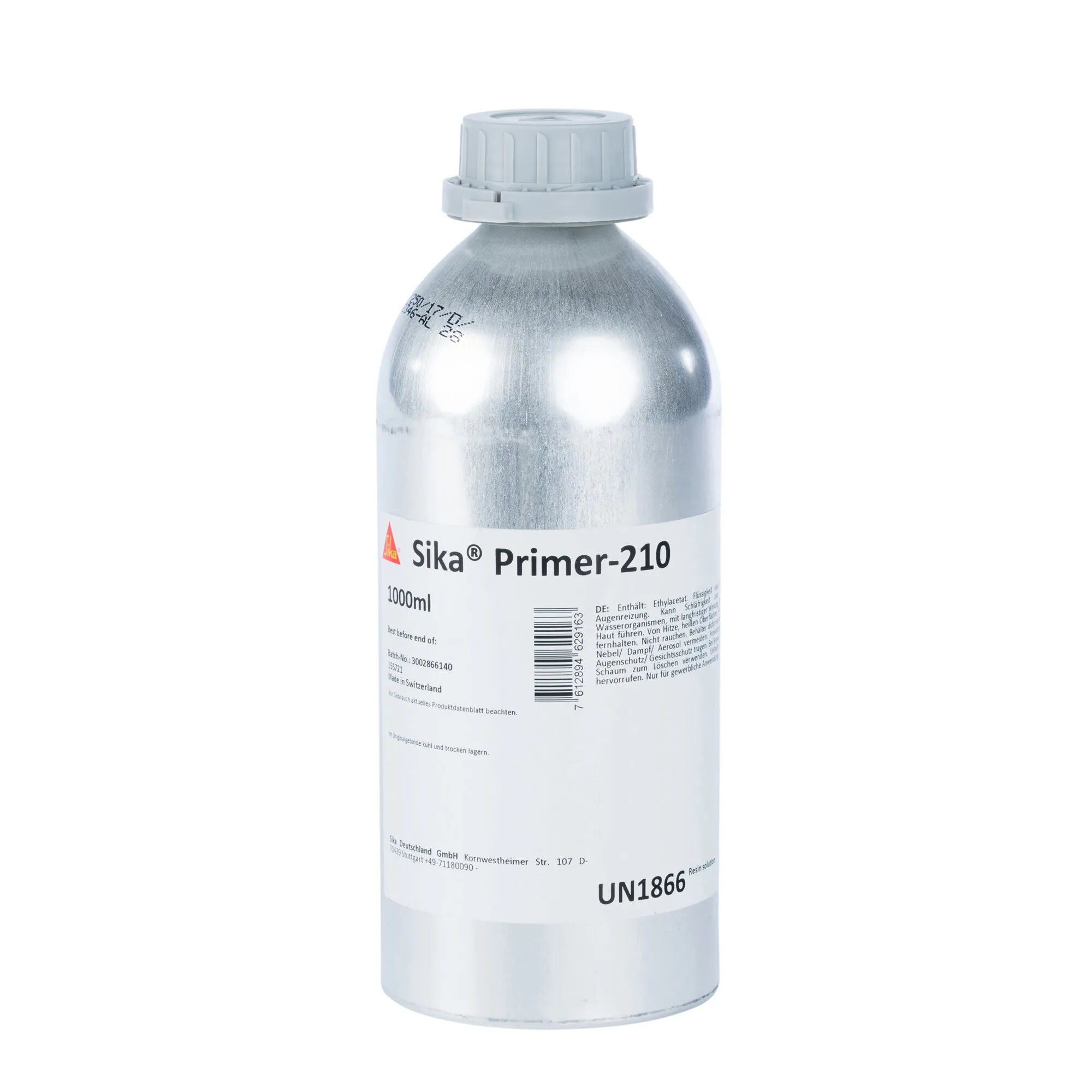 Sika® Primer-210, 1-Liter-Flasche aus Metall mit grauem Schraubverschluss und weißem Etikett