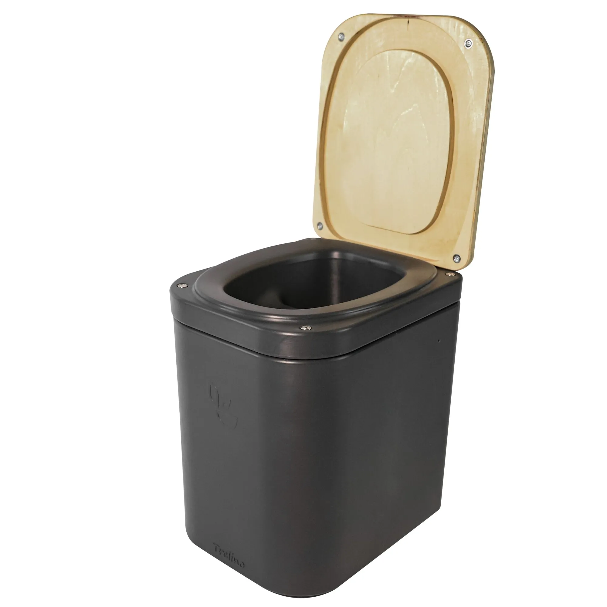 Schwarze Trenntoilette Trelino Origin L mit geöffnetem Toilettendeckel und sichtbarer Trenneinsatzöffnung, freigestellt vor weißem Hintergrund