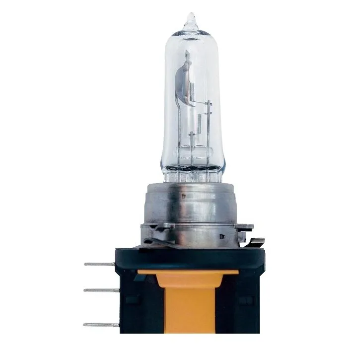 Halogenlampe PGJ23t-1 mit klarem Glaskolben, sichtbarem Glühfaden und schwarzem Kunststoffsockel mit Metallkontakten