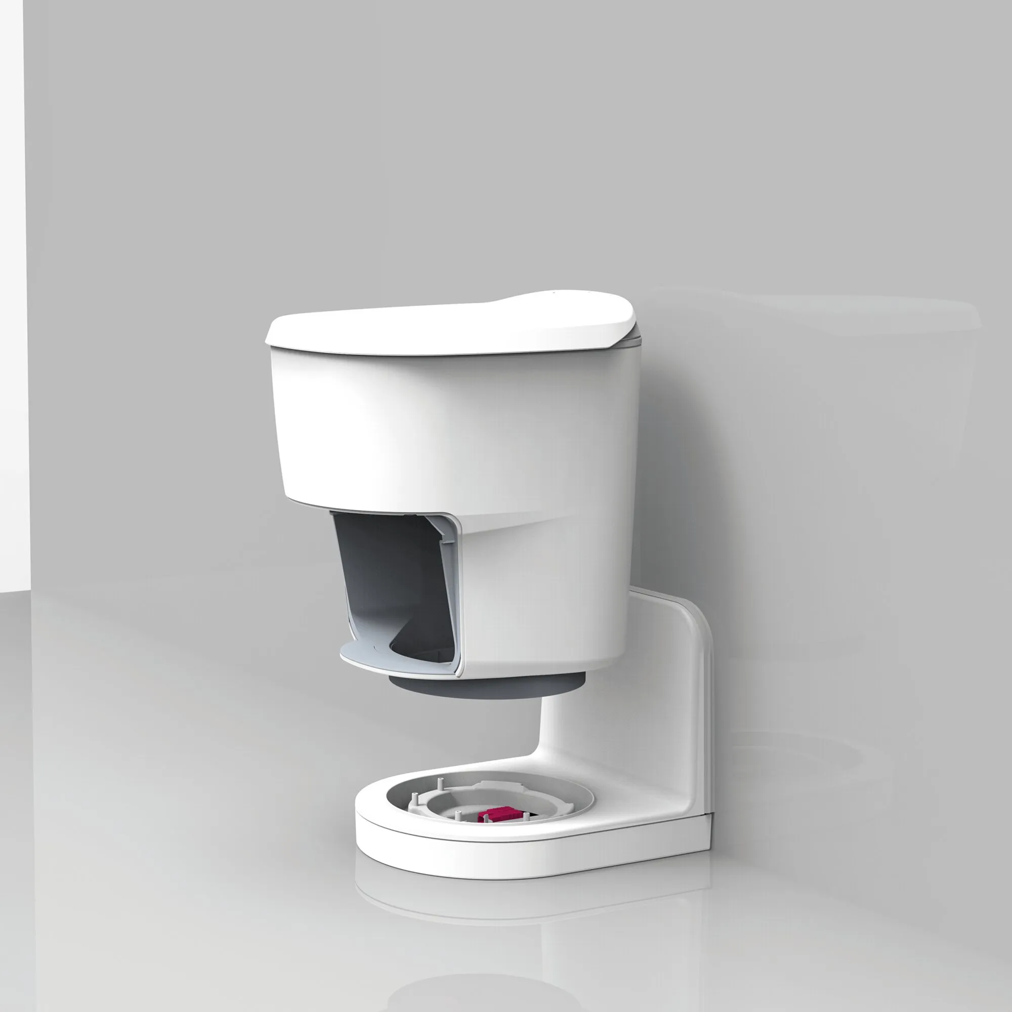 Weiße Verschweiß-Toilette Clesana C1 mit geschlossenem Deckel, geöffneter Front und sichtbarem L-Adapter an der Rückseite