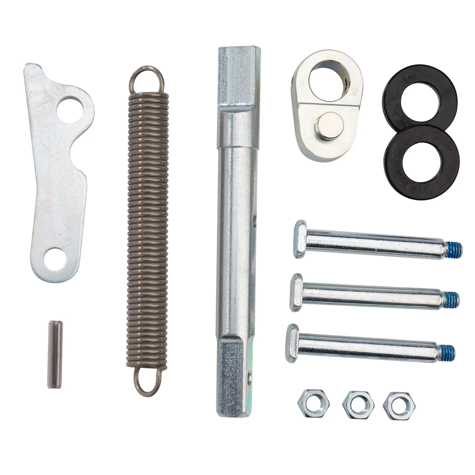 Anschwenkset aus verzinkten Metallteilen mit Feder, Montageplatten, Bolzen, Muttern und schwarzen Unterlegscheiben