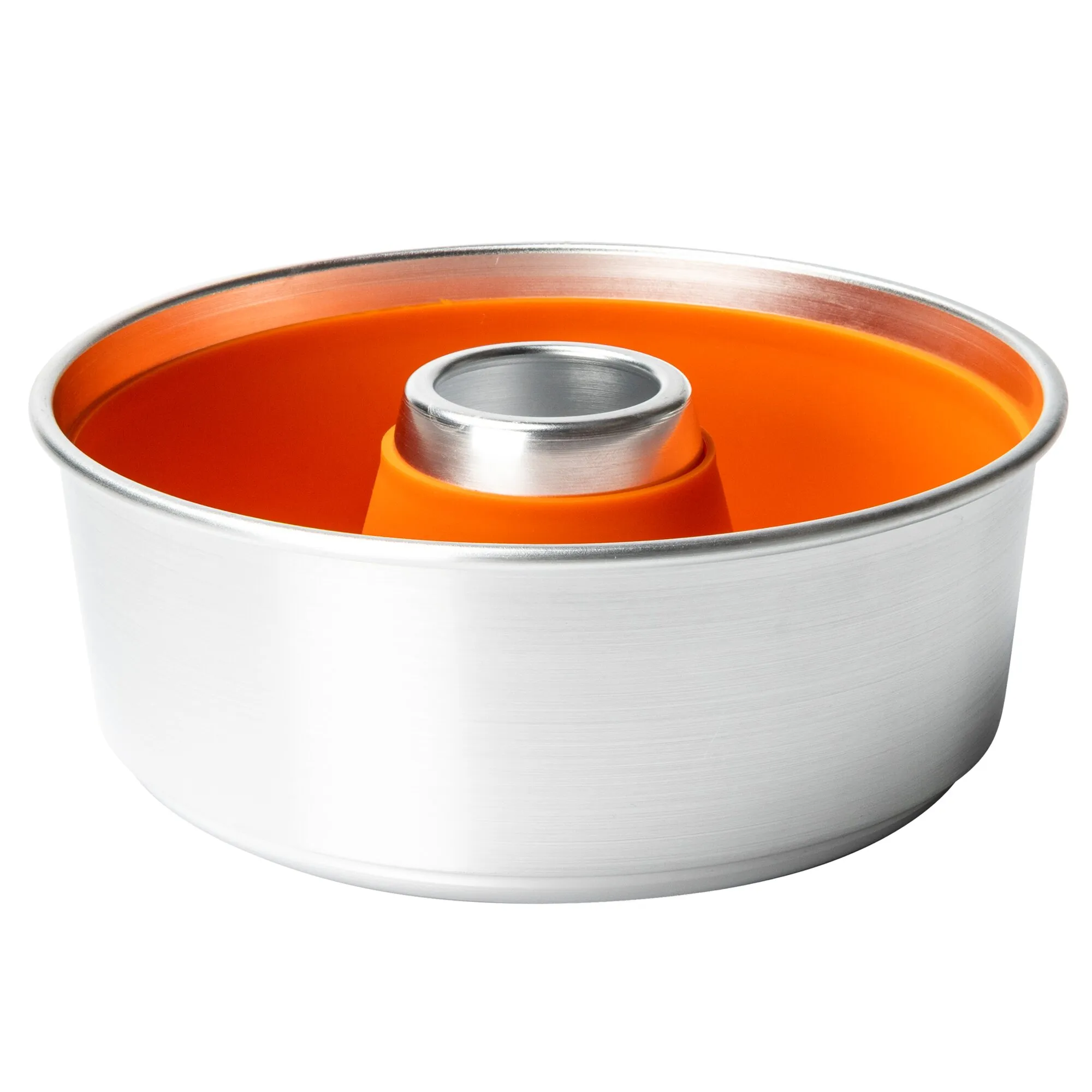 Orangefarbene Silikonform Maxi 3L als runde Ringform mit zentralem Metalleinsatz in Detailansicht