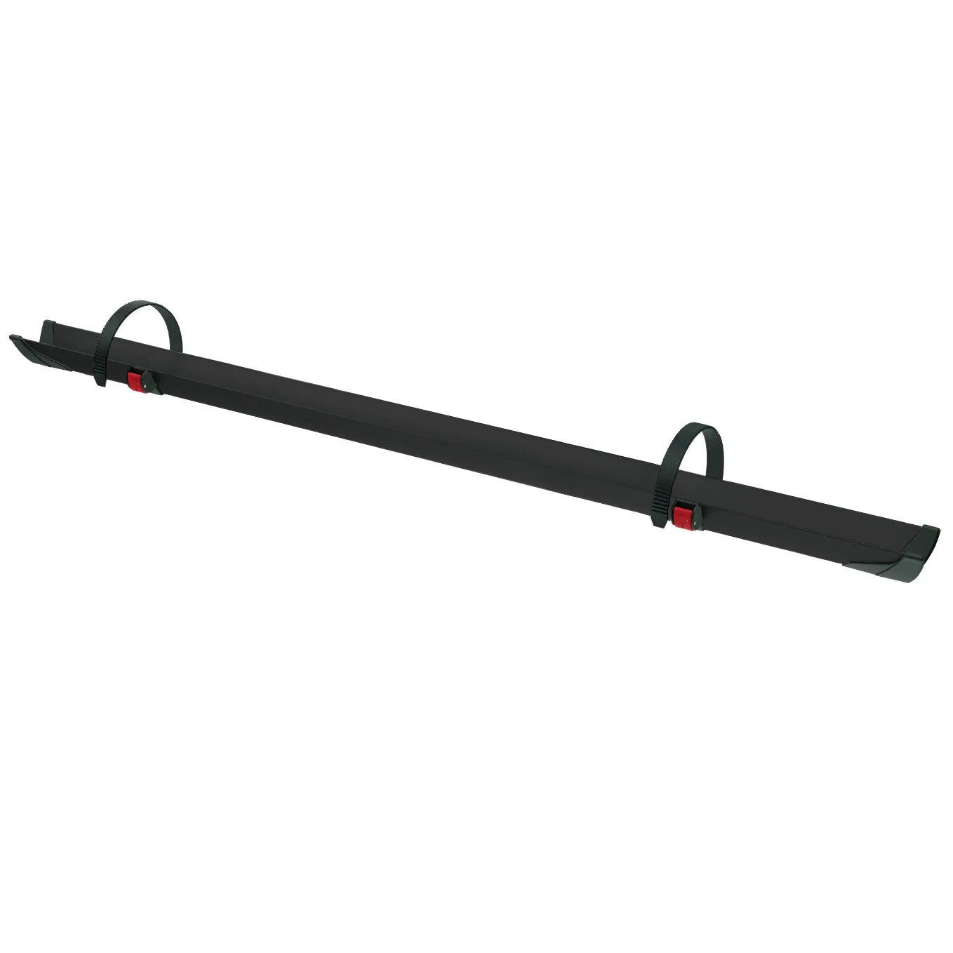 Schwarze Fahrradschiene Rail Plus XL, langes Metallteil mit zwei grünen Spannbändern, roten Verriegelungen und Endkappen an beiden Enden