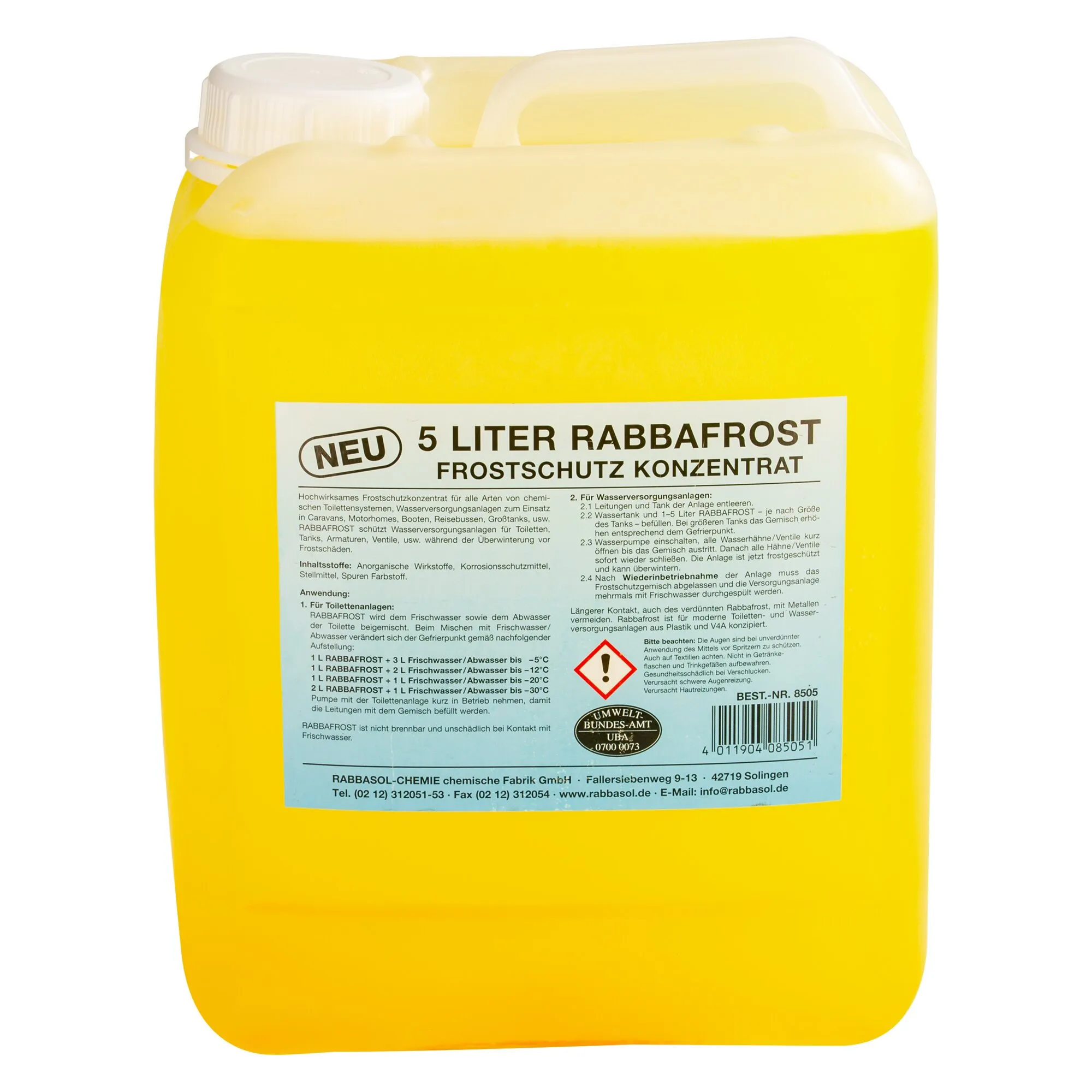 Gelber 5-Liter-Kanister Rabbafrost Frostschutzkonzentrat mit weißem Schraubverschluss und blauem Informationsetikett