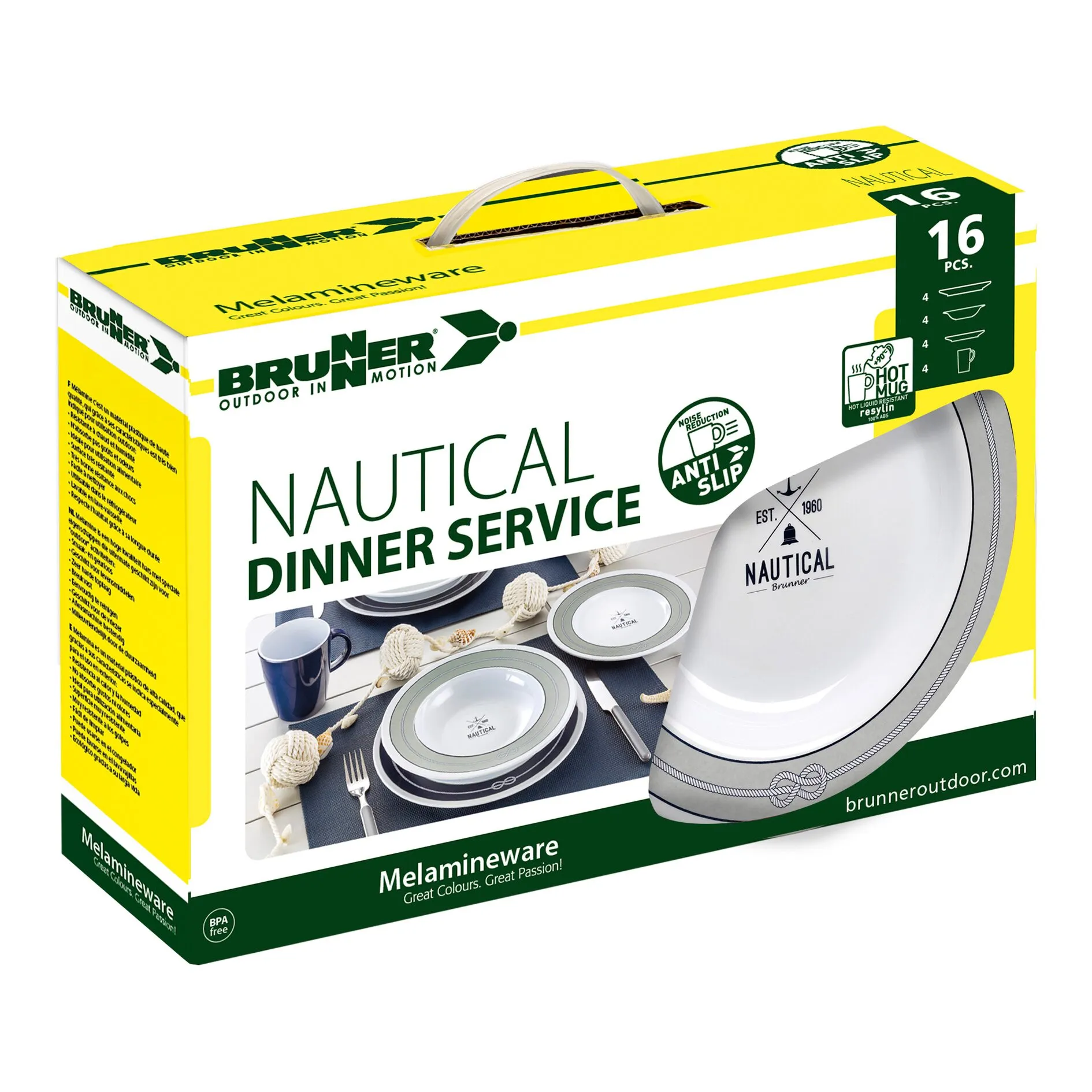 Verpackung des Brunner Nautical 16-teiligen Melamin-Geschirrsets mit Tellern, Schalen und Bechern im maritimen Design
